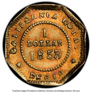 image for: 1853 $1 Liberty Octagonal 1 Dollar, BG-526, High R.6, MS61 PCGS. Star 4 is too small, and star 5 is not much larger. This e...