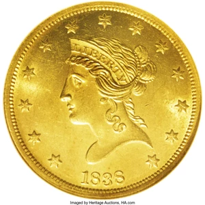 image for: 1838 $10 MS63 NGC. While other denominations of gold coins were struck with minimal breaks in production, the ten dollar go...