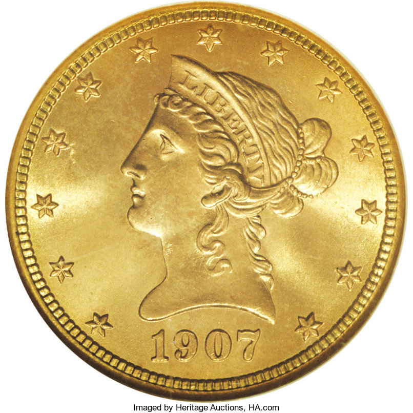 1907-S $10 MS66 NGC. Few Liberty Head ten dollar coins can rival this one in terms of eye appeal. Radiant luster emanates f...