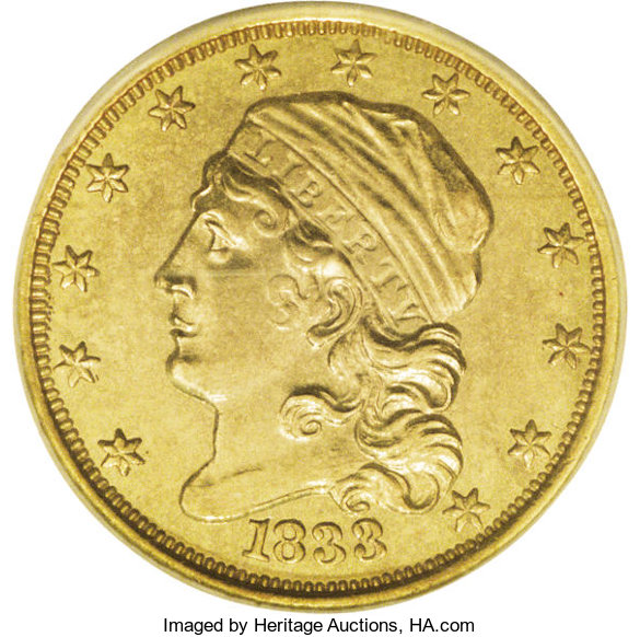 1833 $2 1/2 --Improperly Cleaned--NCS. Unc. Details. Breen-6136, BD-1, R.5. A sharply struck but glossy canary-gold example ...