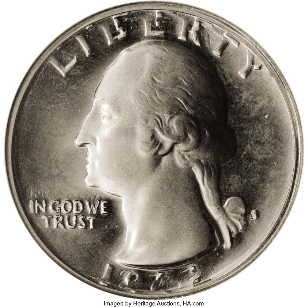 1972-S 25C Washington Quarter--Obverse Double Struck--PR66 Obverse Cameo ANACS. Frosty devices and contrasting blue-gray fi...