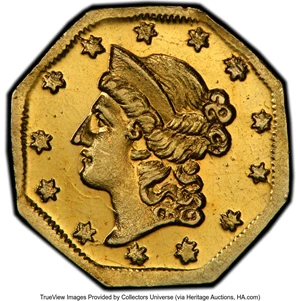 image for: 1854 $1 Liberty Octagonal Dollar, Eagle, BG-504, Low R.5, MS64 PCGS. Die State III or nearly so. A popular Frontier, Devier...