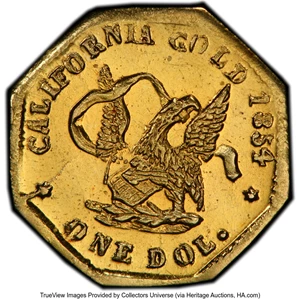 image for: 1854 $1 Liberty Octagonal Dollar, Eagle, BG-504, Low R.5, MS64 PCGS. Die State III or nearly so. A popular Frontier, Devier...