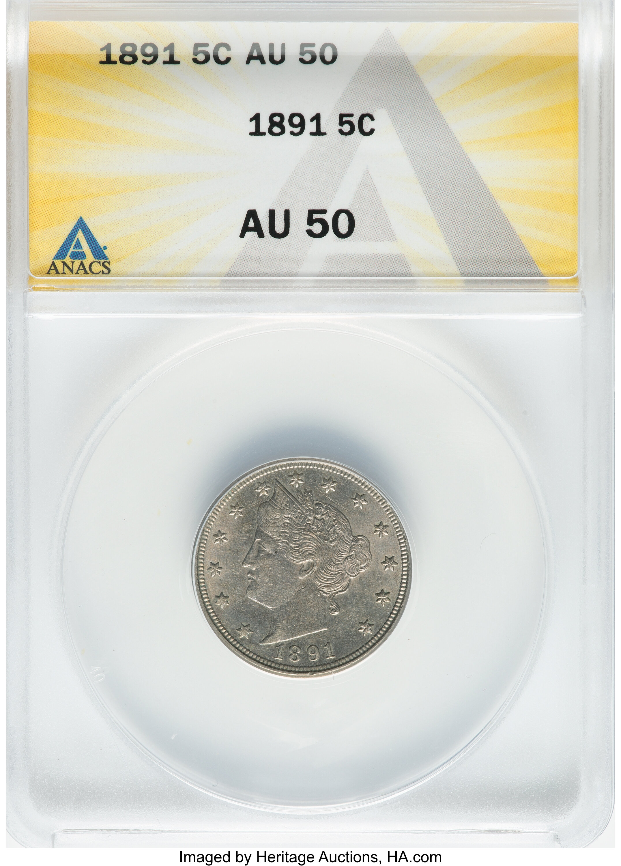 1891 5C AU50 ANACS. Mintage 16,834,350. ...