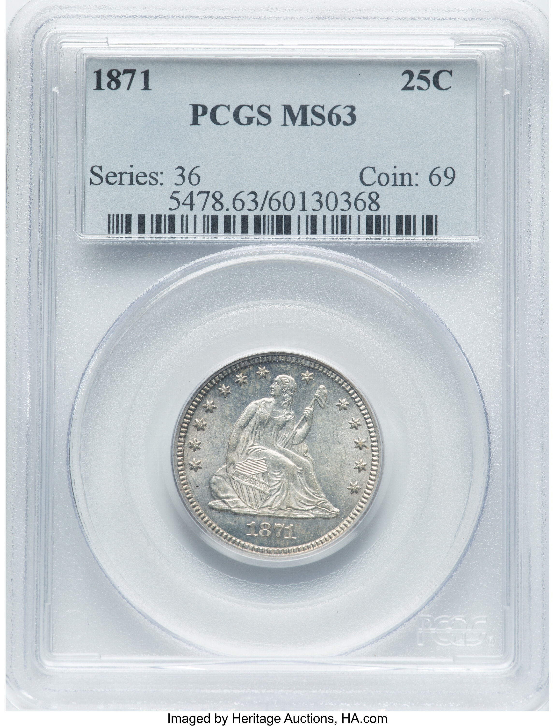 1871 25C MS63 PCGS. PCGS Population: (6/13). NGC Census: (4/10). CDN: $1,300 Whsle. Bid for NGC/PCGS MS63. Mintage 118,200....