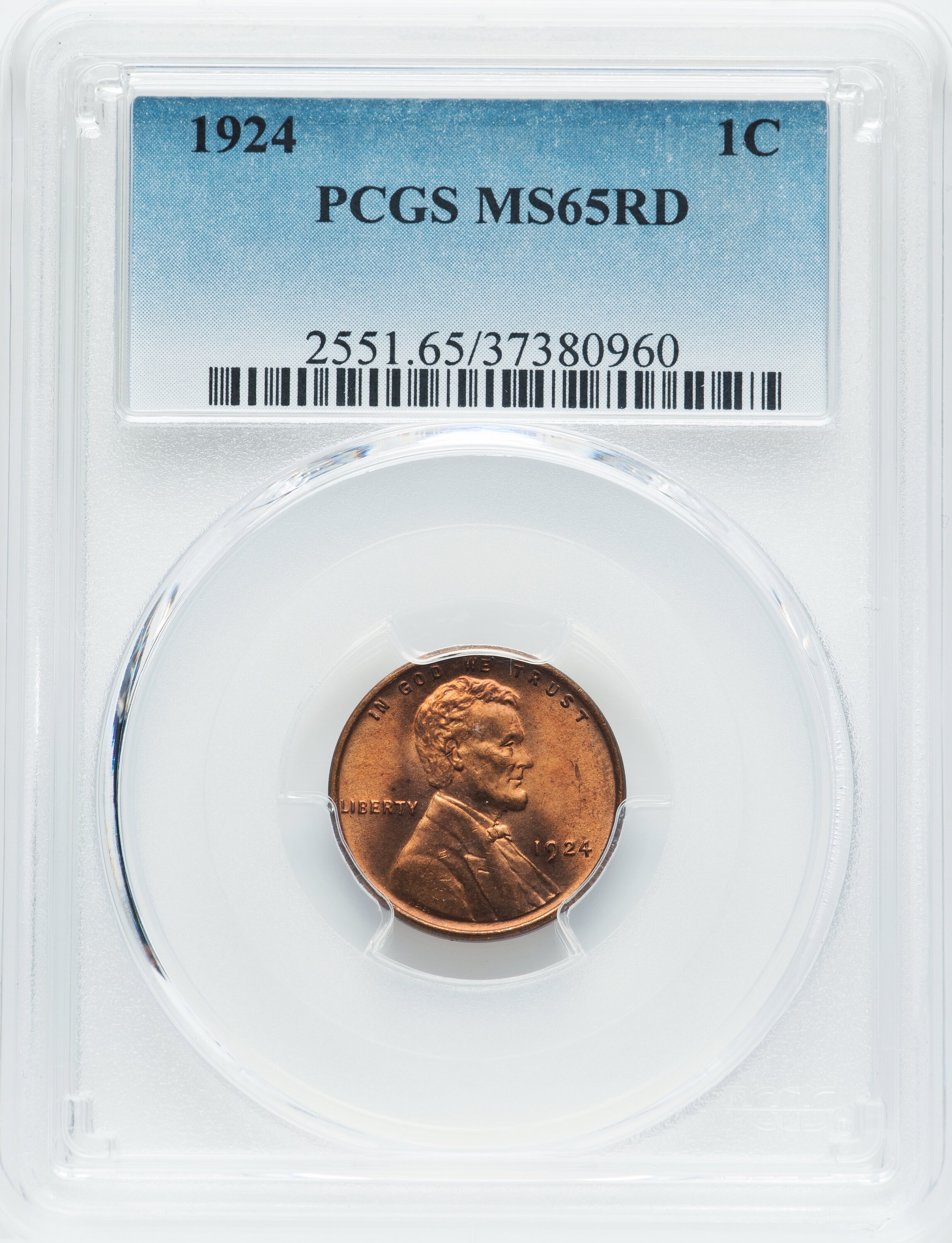 1924 1C MS65 Red PCGS. PCGS Population: (237/108). NGC Census: (54/27). CDN: $460 Whsle. Bid for NGC/PCGS MS65. Mintage 75,...