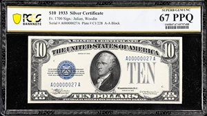 image for: Fr. 1700. 1933 $10 Silver Certificate. PCGS Banknote Superb Gem Uncirculated 67 PPQ. Low Serial Number.