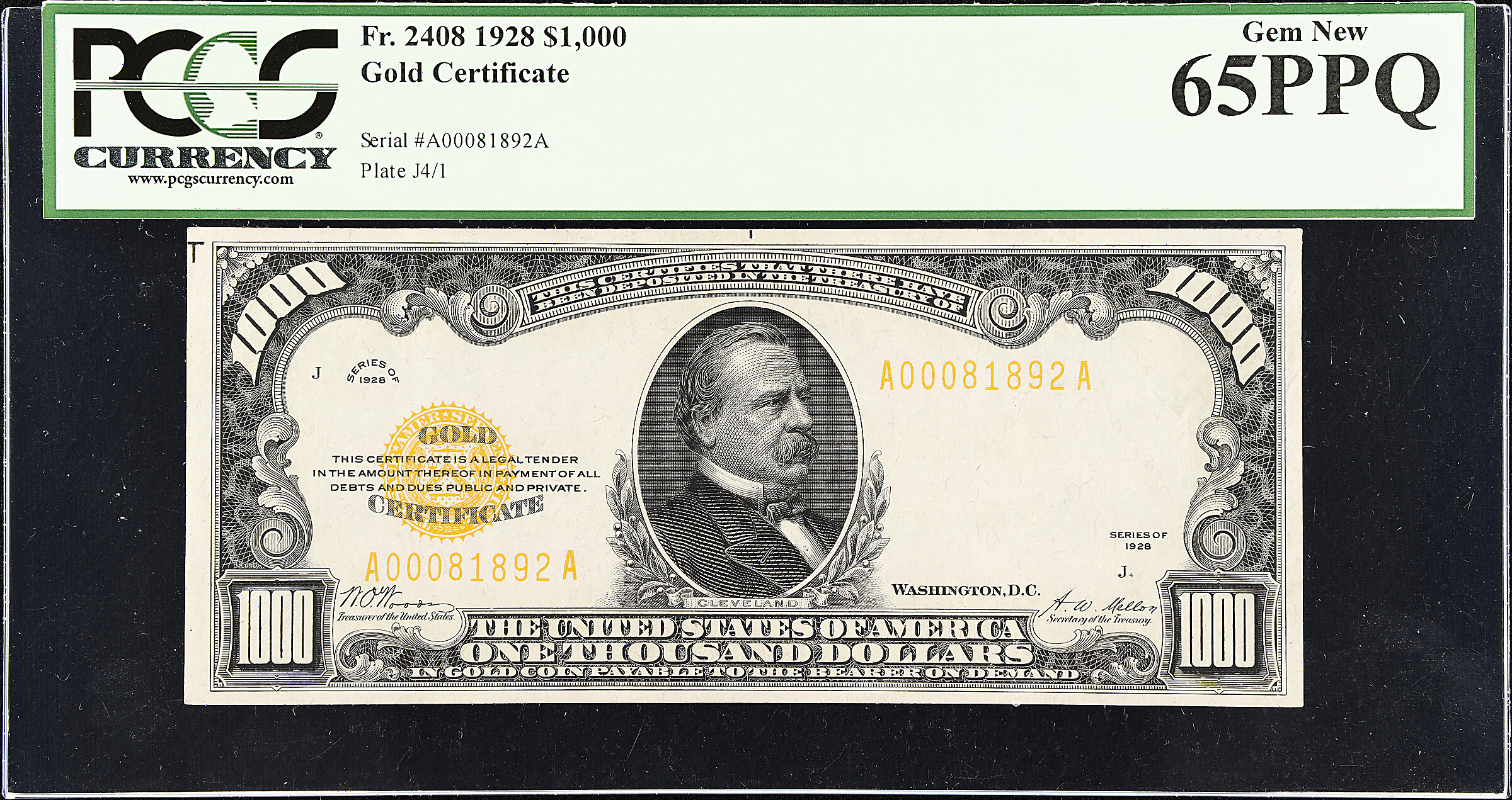 Fr. 2408. 1928 $1000 Gold Certificate. PCGS Currency Gem New 65 PPQ.