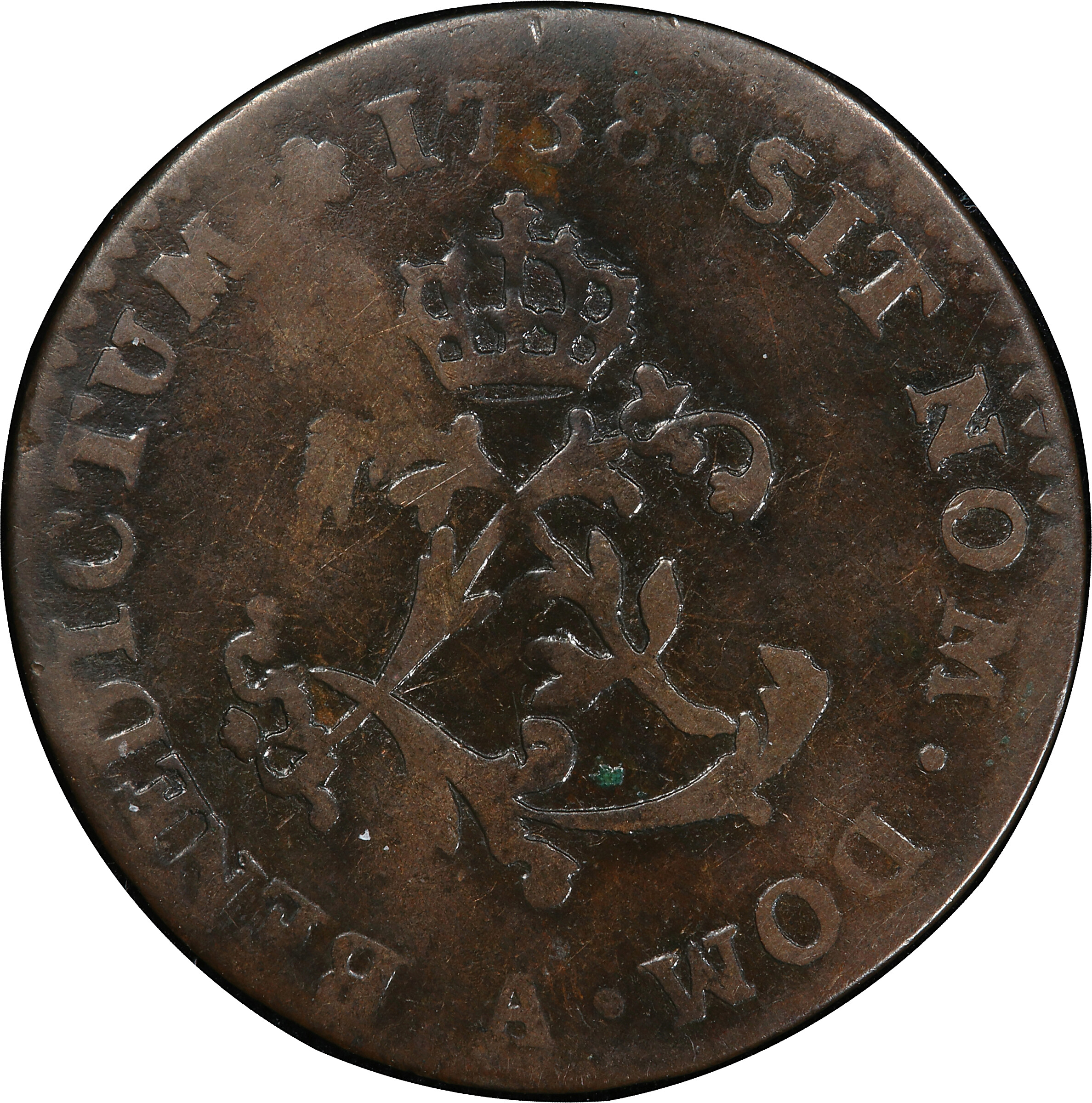 Contemporary Counterfeit 1738-A Sou Marque. In Imitation of Paris Mint. Vlack-15. Rarity-8. Fine-12 (PCGS).