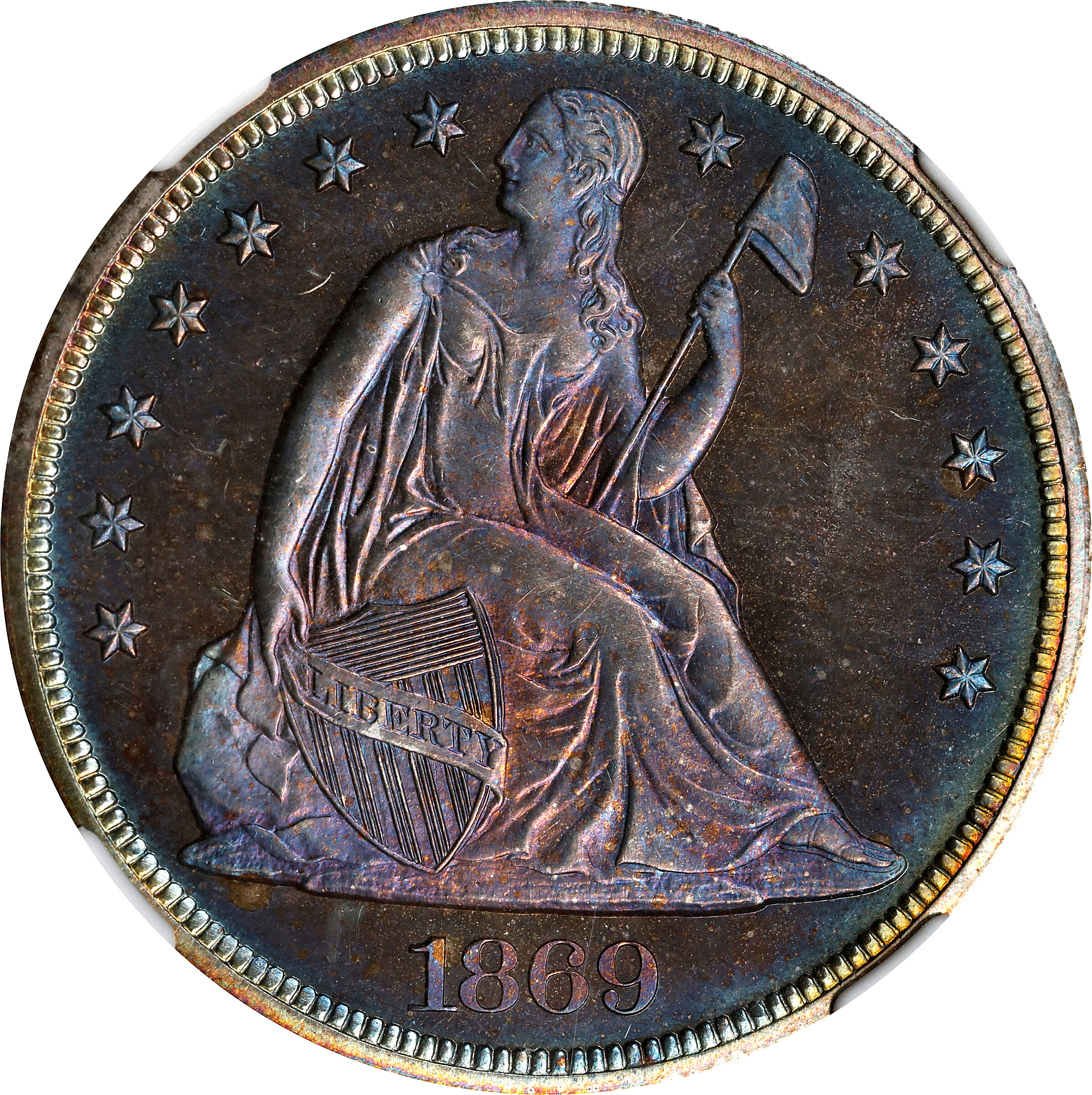 1869 Liberty Seated Silver Dollar. Proof Details--Artificial Toning (NGC).