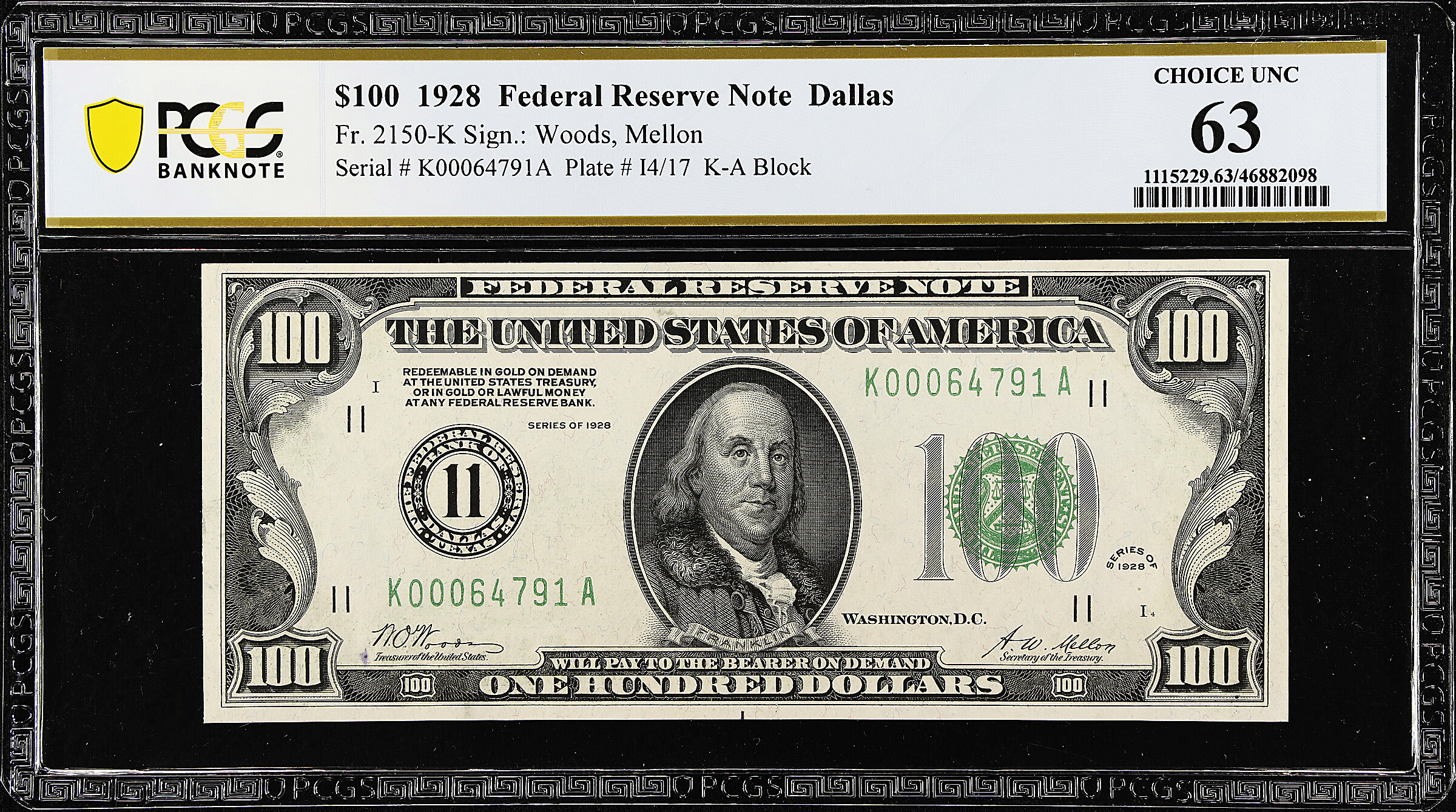 Fr. 2150-K. 1928 $100 Federal Reserve Note. Dallas. PCGS Banknote Choice Uncirculated 63.
