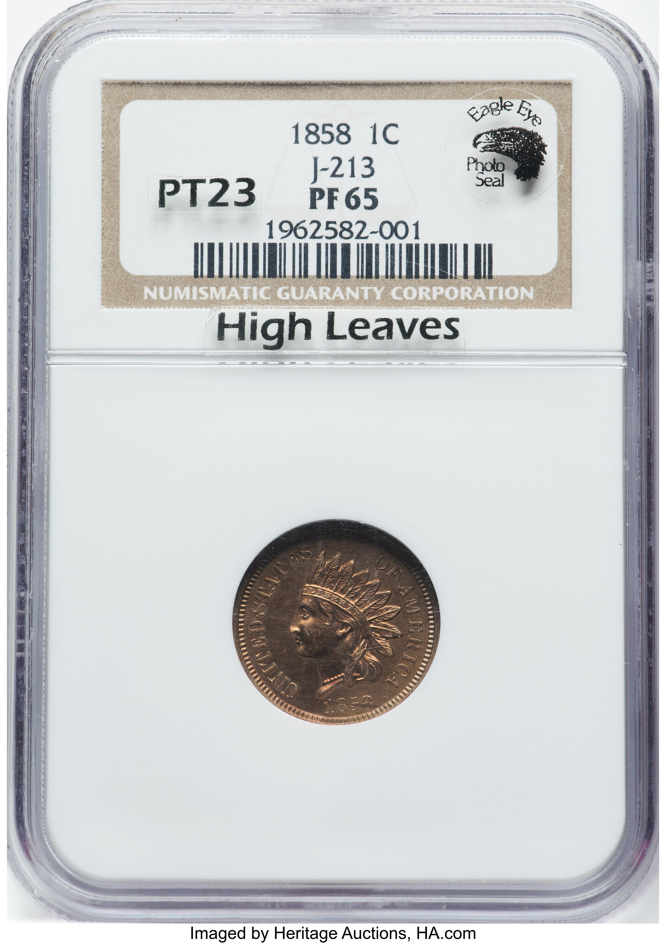 1858 P1c Copper-Nickel, Broad Bust, Low Leaves, J-213 PR65 thumbnail 4