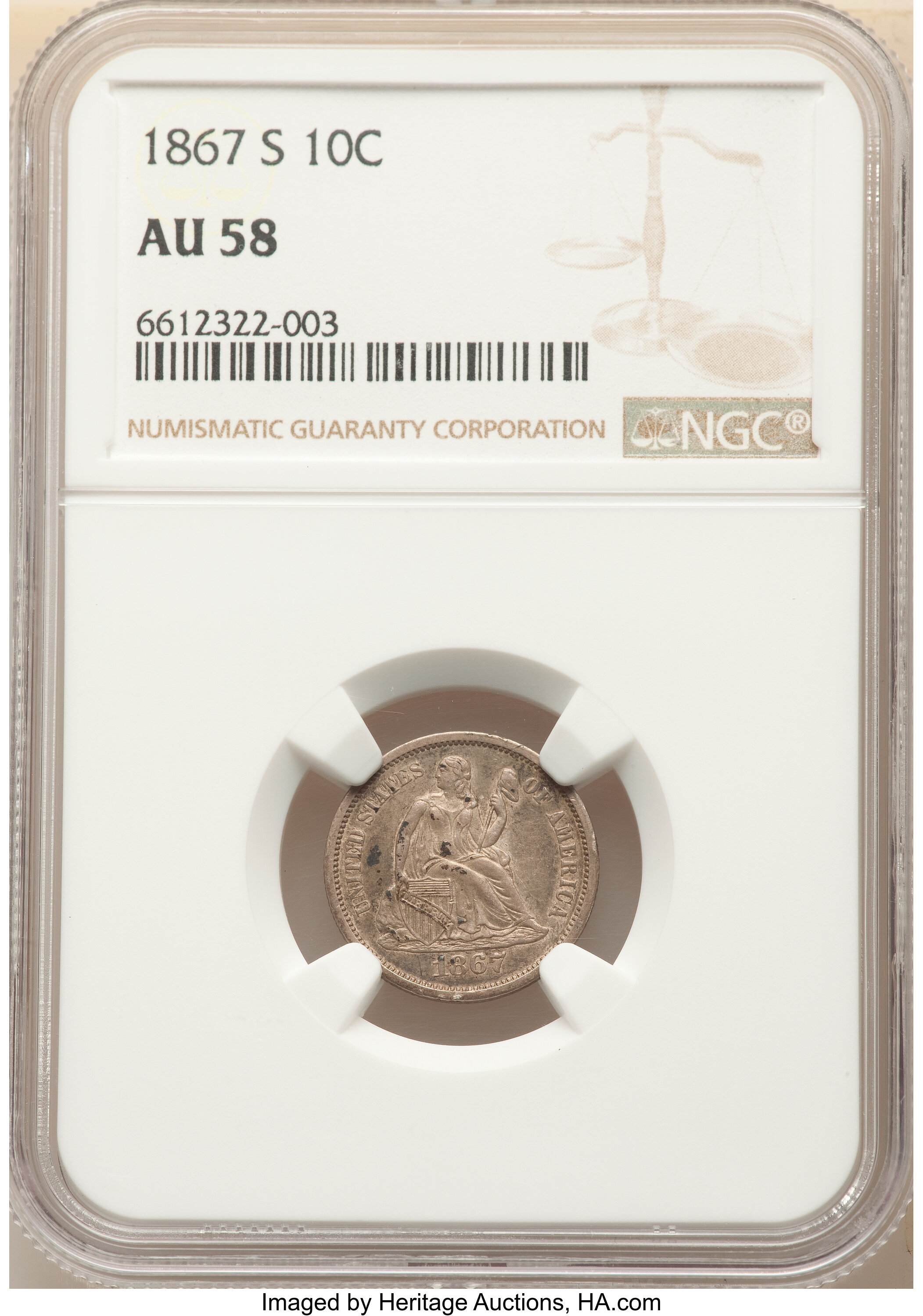 1867-S 10C AU58 NGC. NGC Census: (4/9). PCGS Population: (5/13). CDN: $2,400 Whsle. Bid for NGC/PCGS AU58. Mintage 140,000....