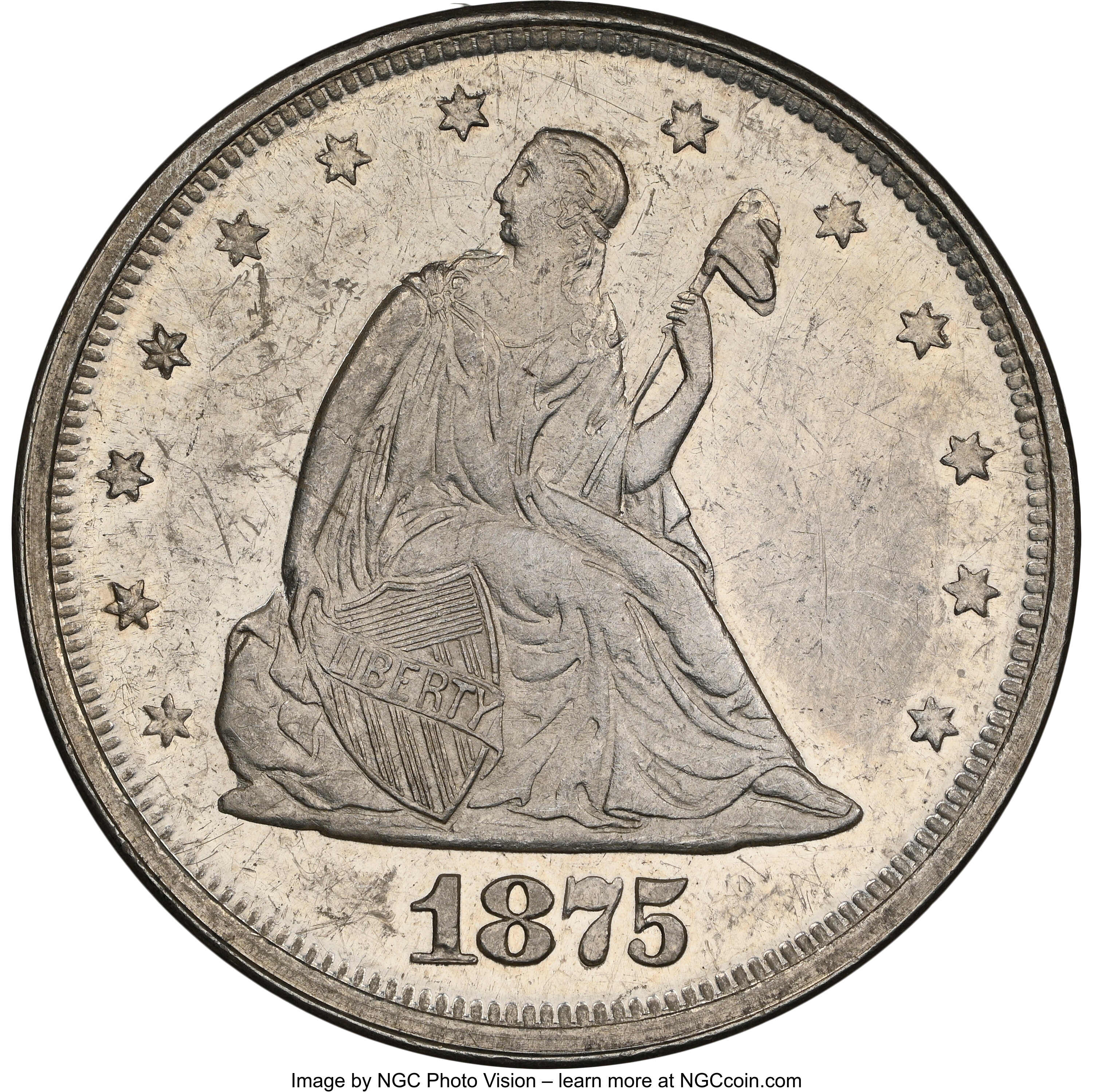 1875 20C PR62 Cameo NGC. NGC Census: (10/46). PCGS Population: (8/65). PR62. Mintage 1,200. From The Mr. Brightside C...