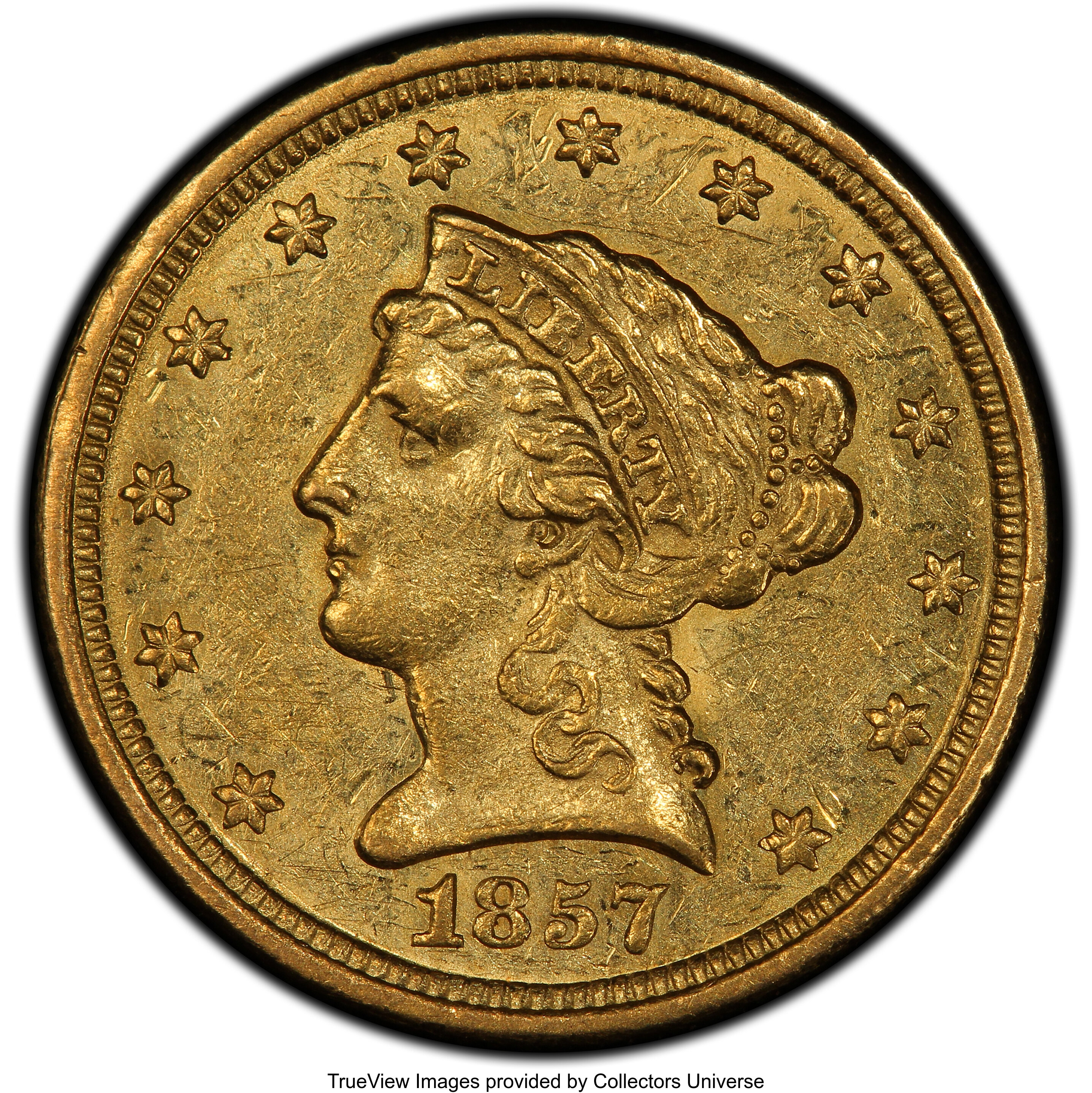 1857-O $2 1/2 AU55 PCGS. PCGS Population: (39/65 and 0/2+). NGC Census: (47/150 and 0/5+). CDN: $1,200 Whsle. Bid for NGC/P...