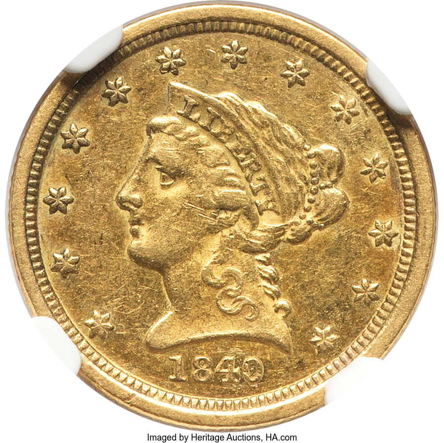1840-O $2 1/2 AU55 NGC. Variety 1. Large mintmark. Rich violet overtones visit the generally orange-gold obverse, while the...