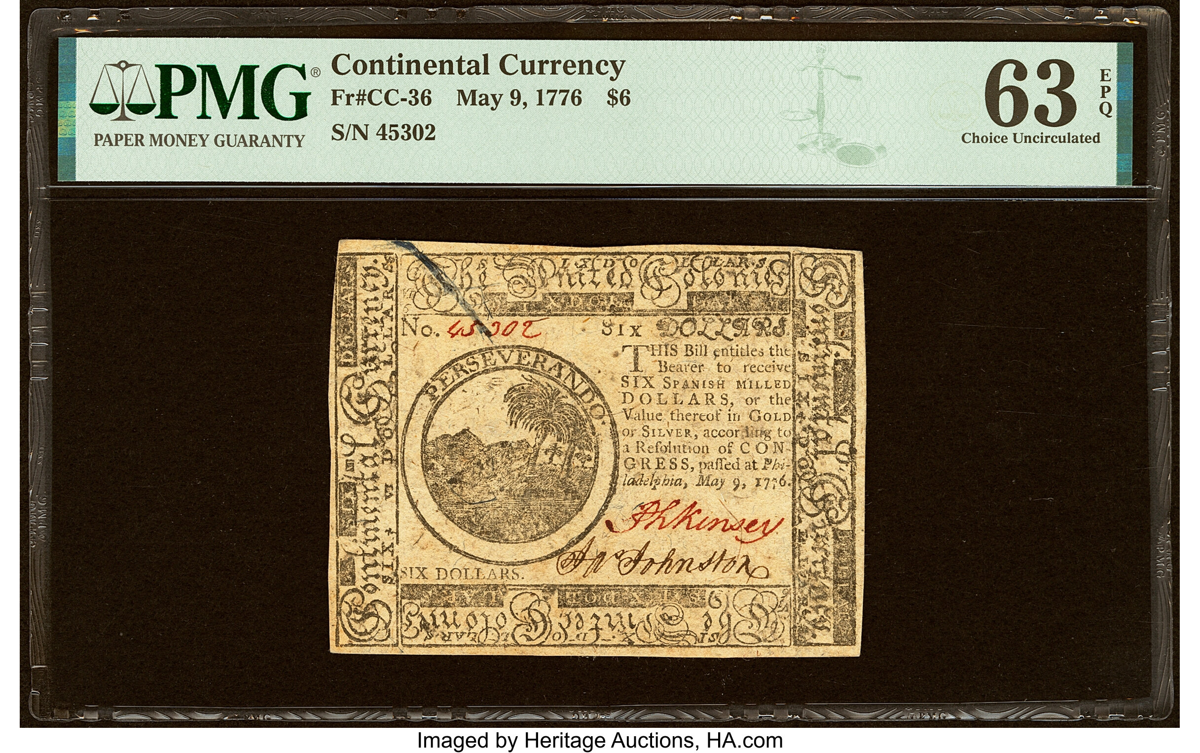 Continental Currency May 9, 1776 $6 PMG Choice Uncirculated 63 EPQ....