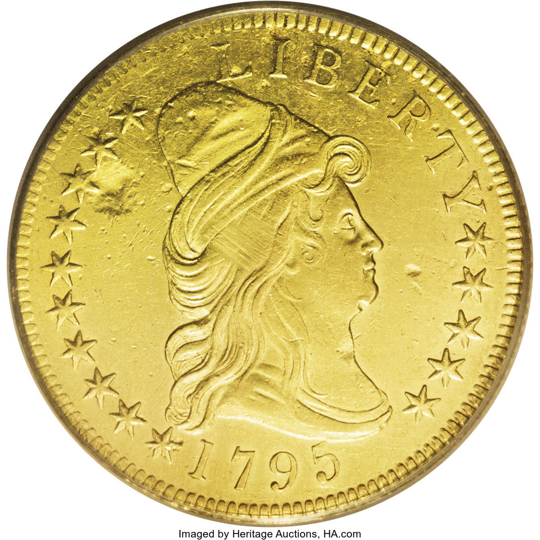 1795 $10 9 Leaves AU55 PCGS. Breen-6831, BD-3, Taraszka-3, R.6. Although all early eagles are rare, the Heraldic Eagle type...