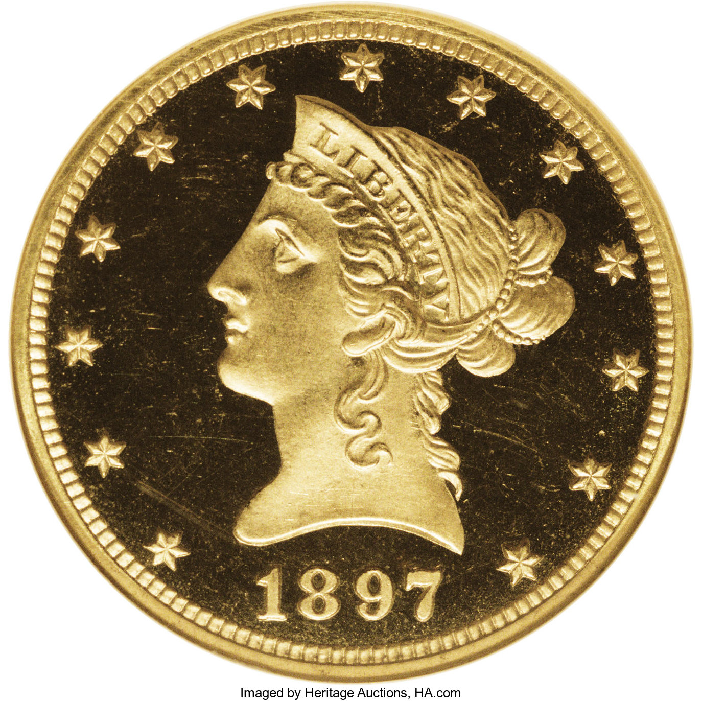 1897 $10 PR65 Ultra Cameo NGC. From a limited mintage for the 1897 proof eagle of a mere 69 pieces, attrition appears to ha...
