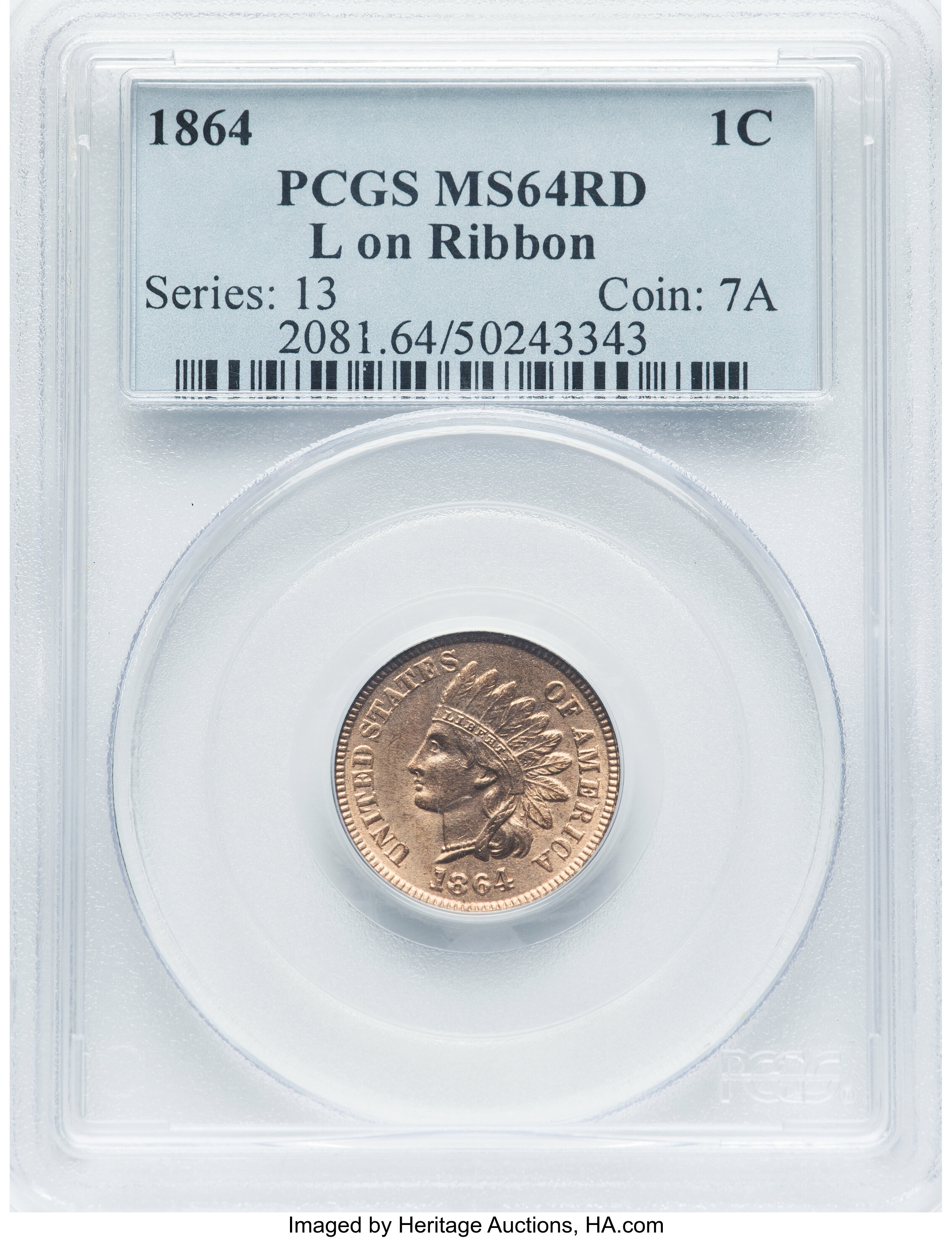 1864 1C L On Ribbon MS64 Red PCGS. PCGS Population: (52/51). NGC Census: (26/21). CDN: $1,800 Whsle. Bid for NGC/PCGS MS64....