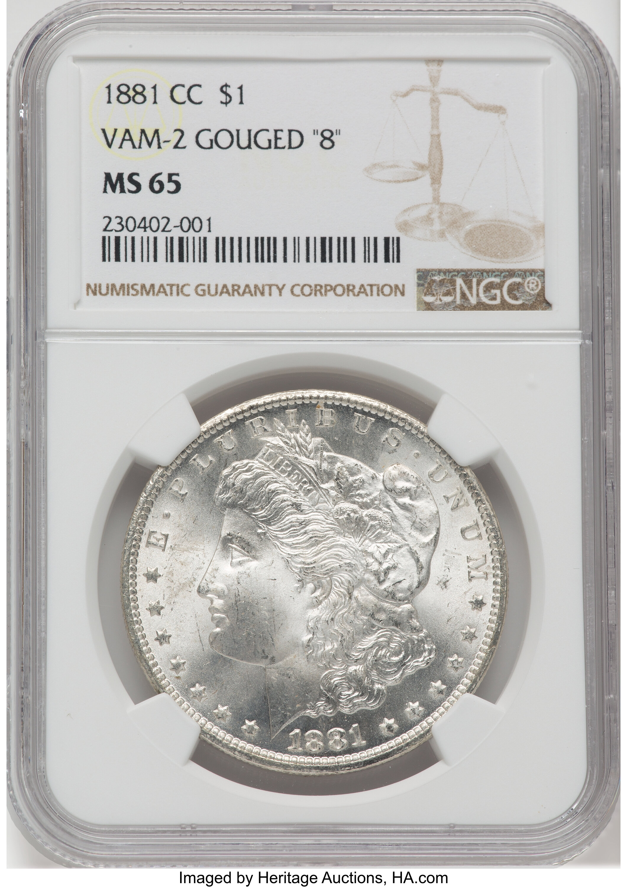 1881-CC $1 VAM-2 Gouged "8". MS65 NGC. NGC Census: (5/6). PCGS Population: (0/0). MS65....
