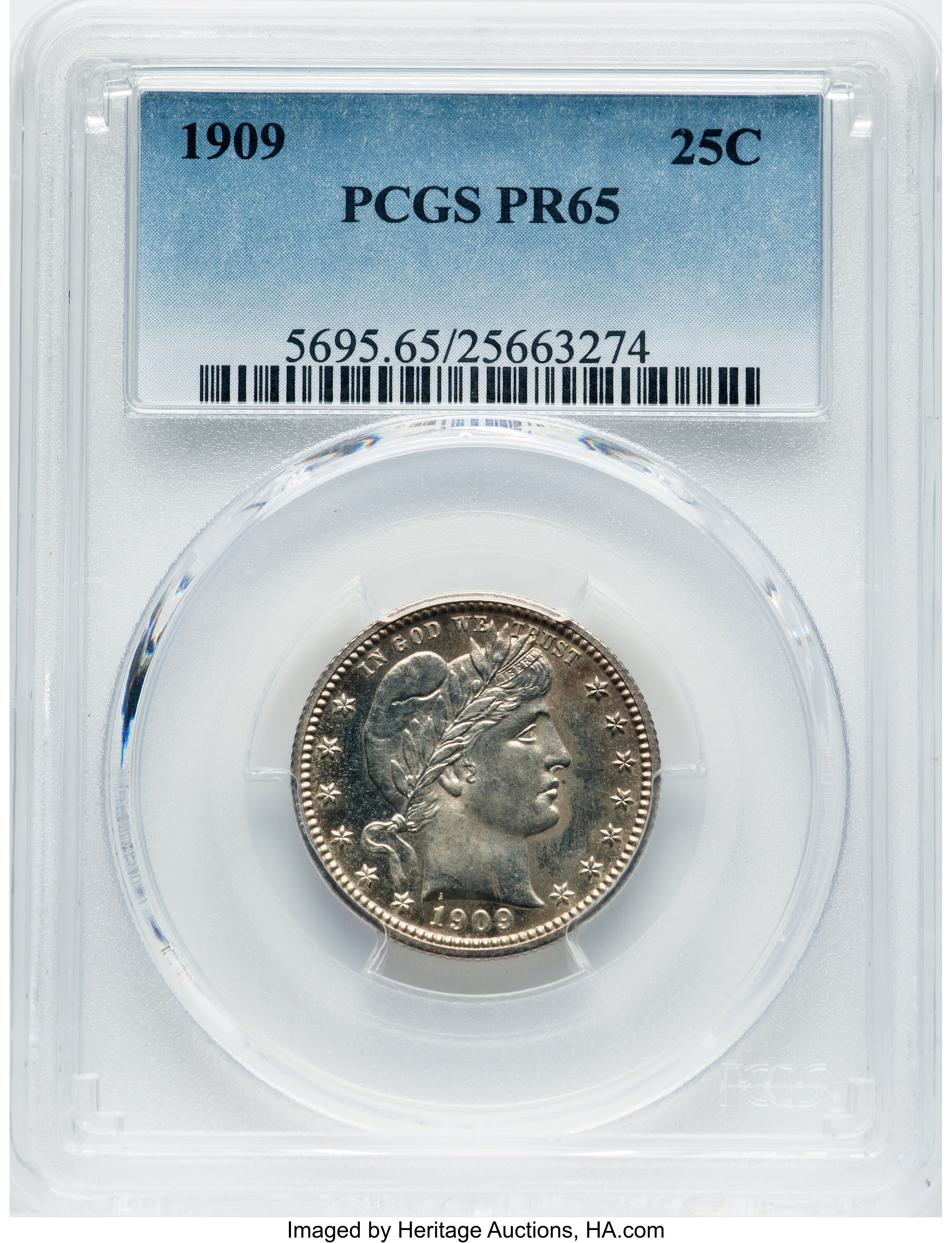 1909 25C PR65 PCGS. PCGS Population: (33/63). NGC Census: (36/73). CDN: $1,150 Whsle. Bid for NGC/PCGS PR65. Mintage 650. ...