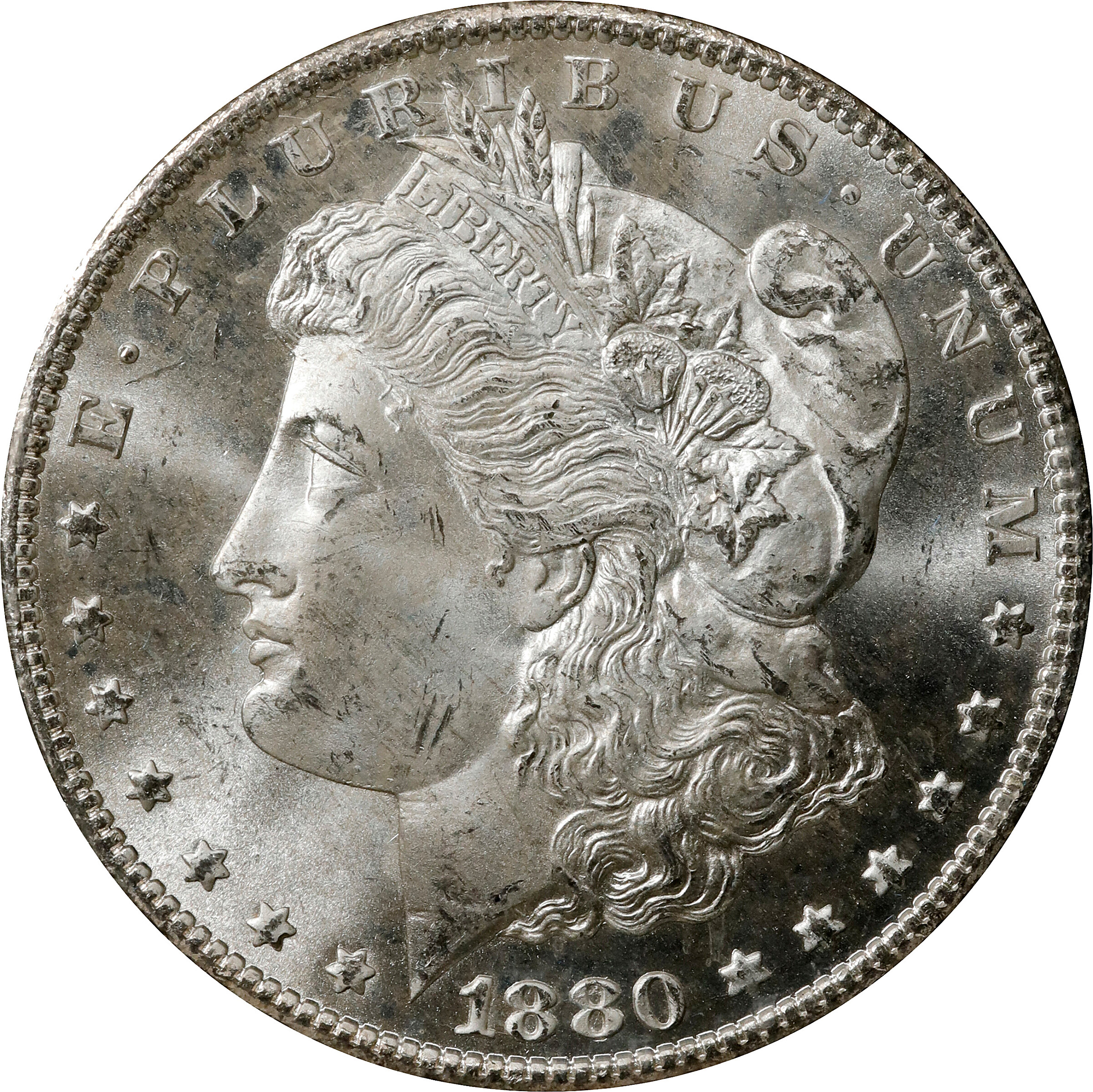 1880-CC GSA Morgan Silver Dollar. VAM-5. Top 100 Variety. 8/High 7. MS-65+ (NGC).