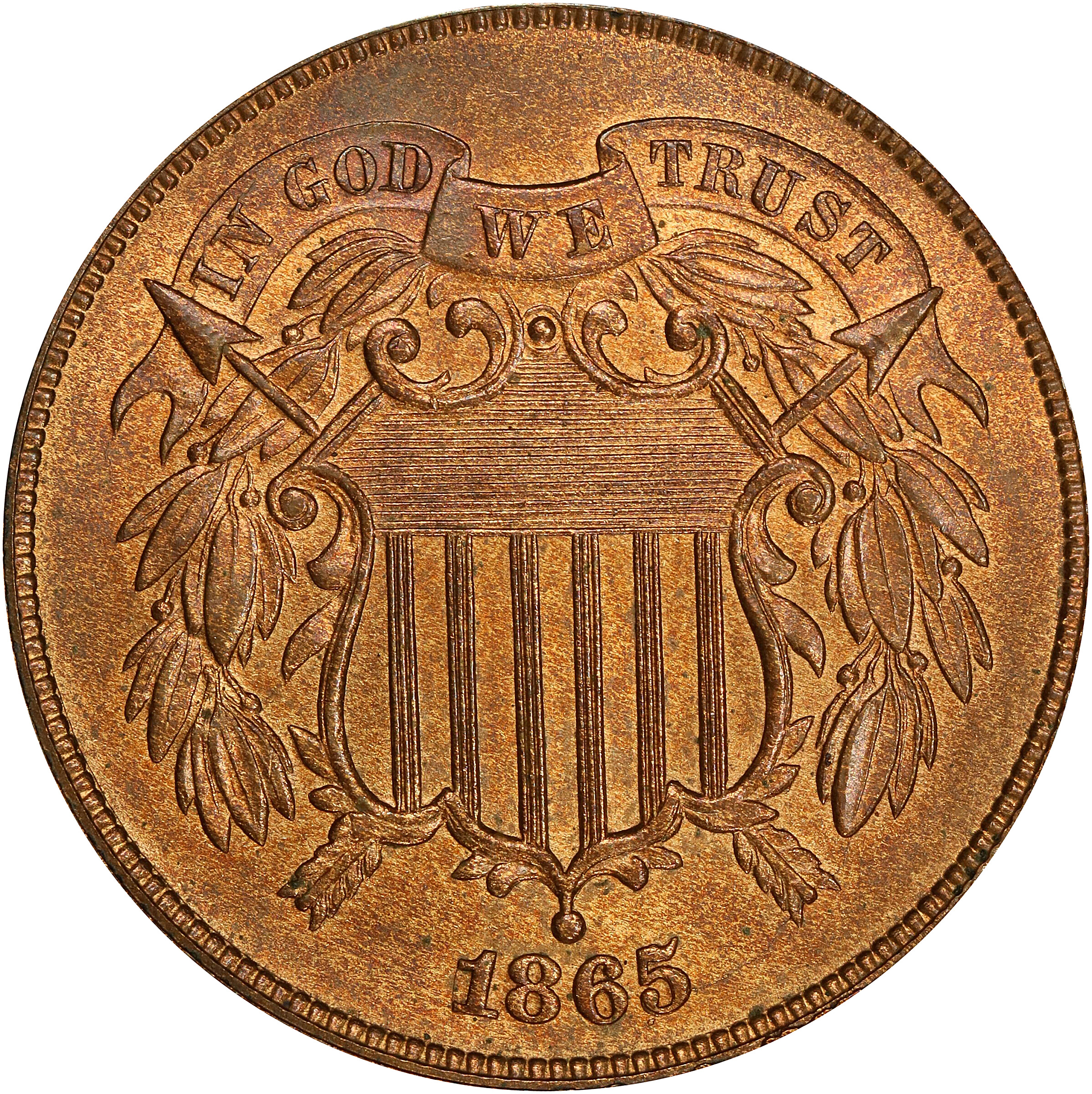 1865 Two-Cent Piece. Fancy 5. MS-65 RB (PCGS). CAC.