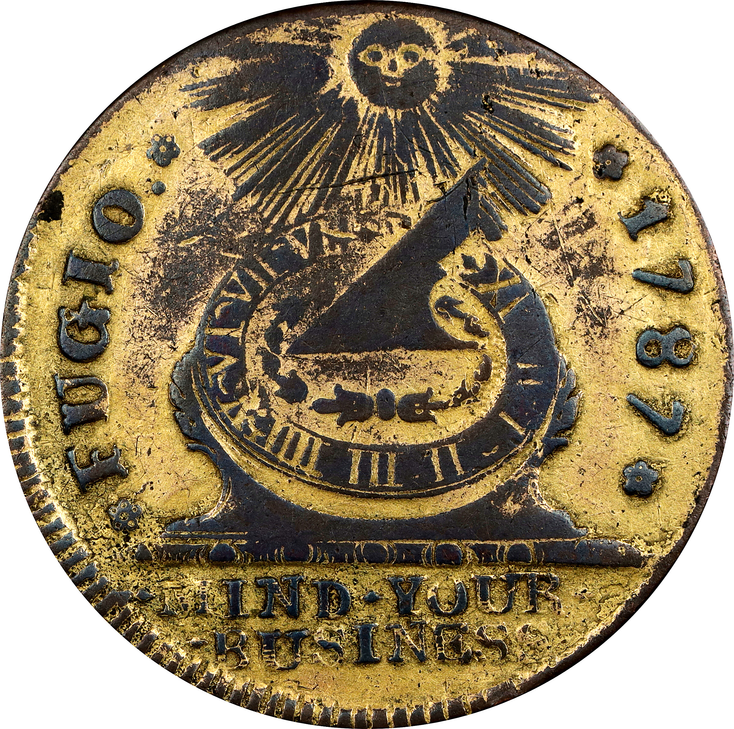 1787 Fugio Cent. Pointed Rays. Newman 16-N, W-6925. Rarity-3. STATES UNITED, 4 Cinquefoils. Very Fine, Plated.