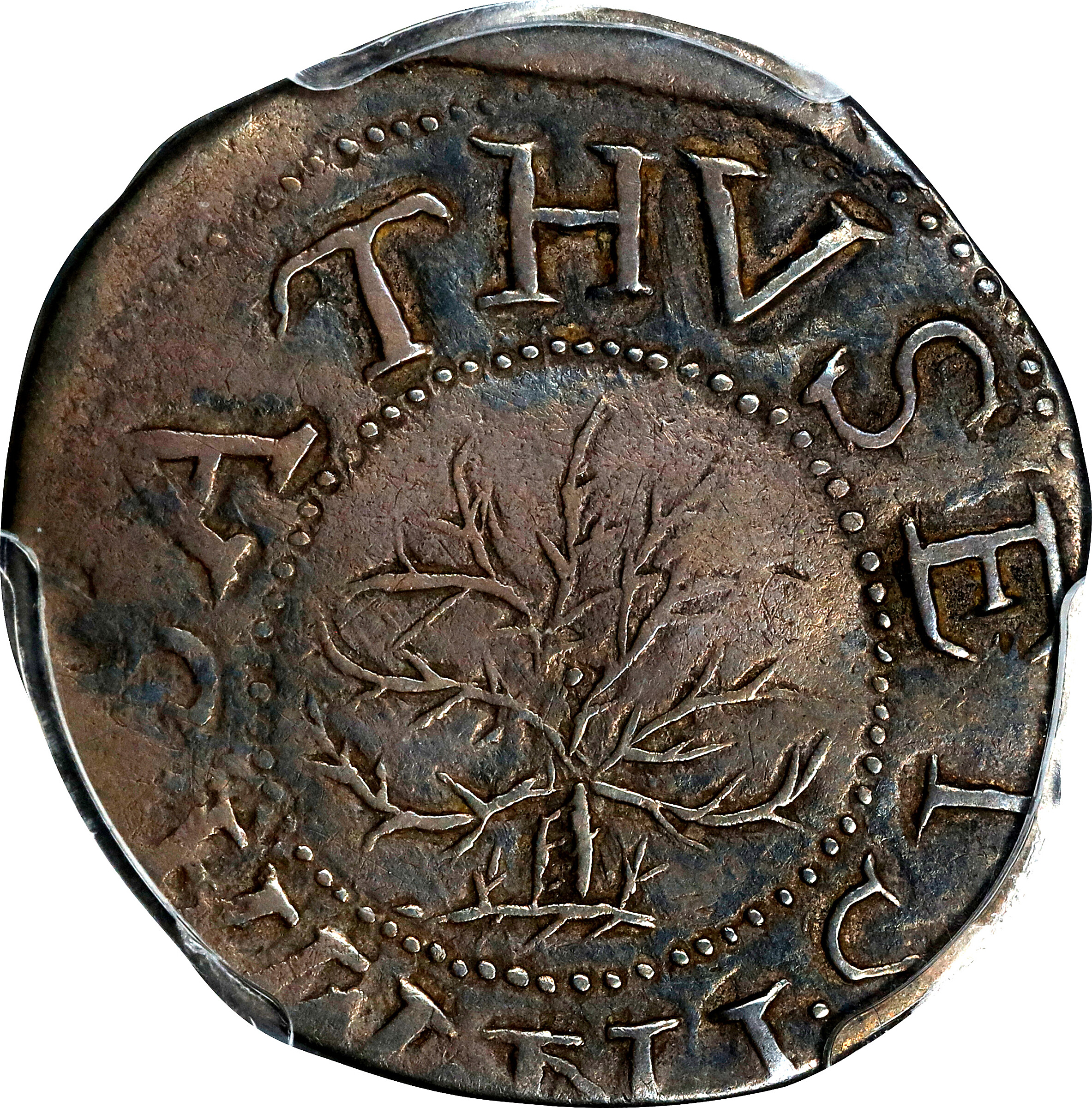 1652 Oak Tree Shilling. Noe-5, Salmon 3-D, W-470. Rarity-2. IN at Bottom. EF-45 (PCGS). CAC.