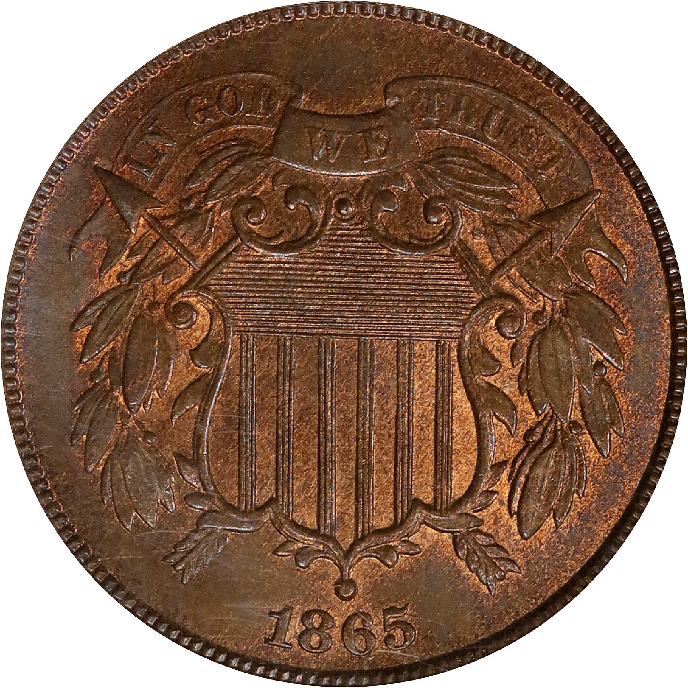 1865 Two-Cent Piece. Fancy 5. MS-65 RB (NGC).