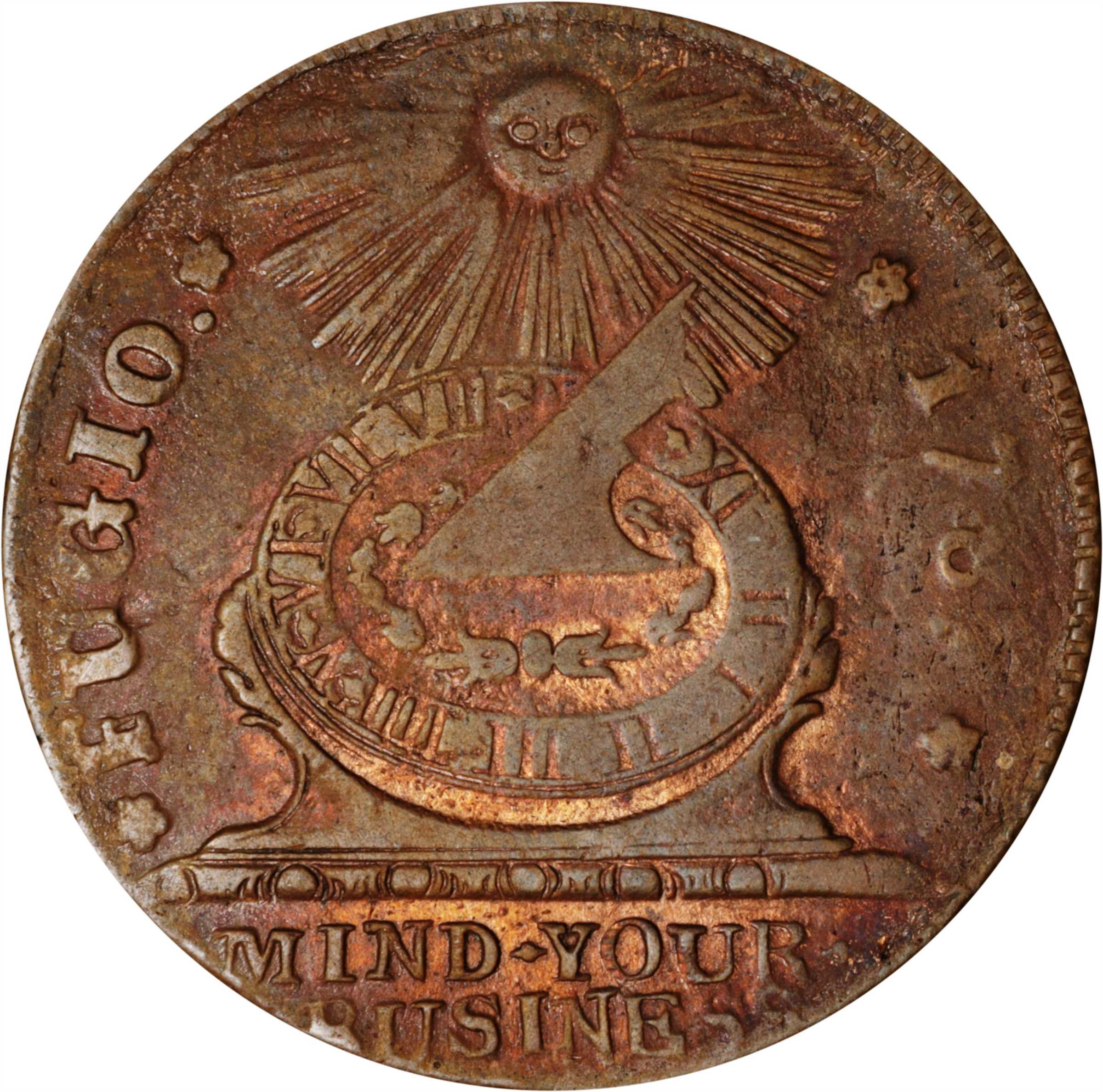 1787 Fugio Copper. Pointed Rays. Newman 12-M, W-6800. Rarity-3. STATES UNITED, 4 Cinquefoils. Extremely Fine, Cleaned.
