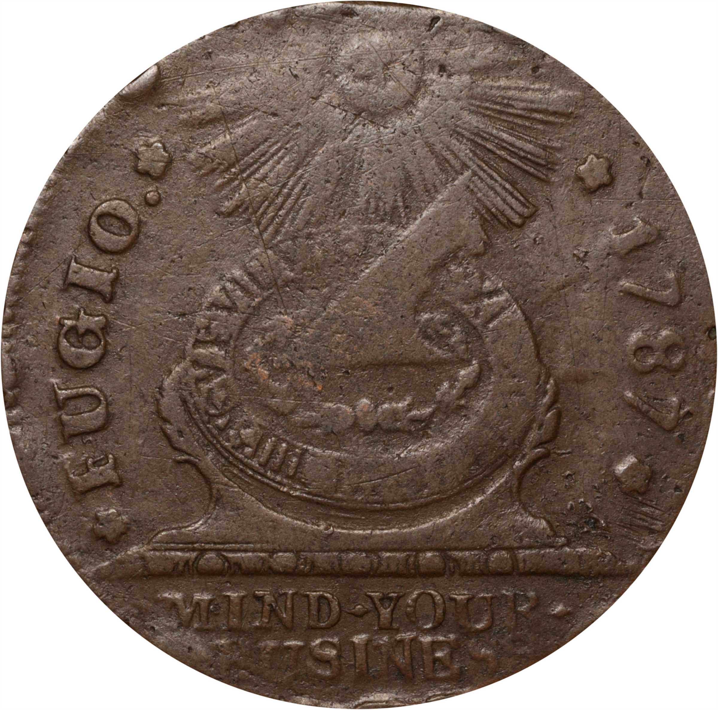 1787 Fugio Copper. Pointed Rays. Newman 12-M, W-6800. Rarity-3. STATES UNITED, 4 Cinquefoils. Very Fine.