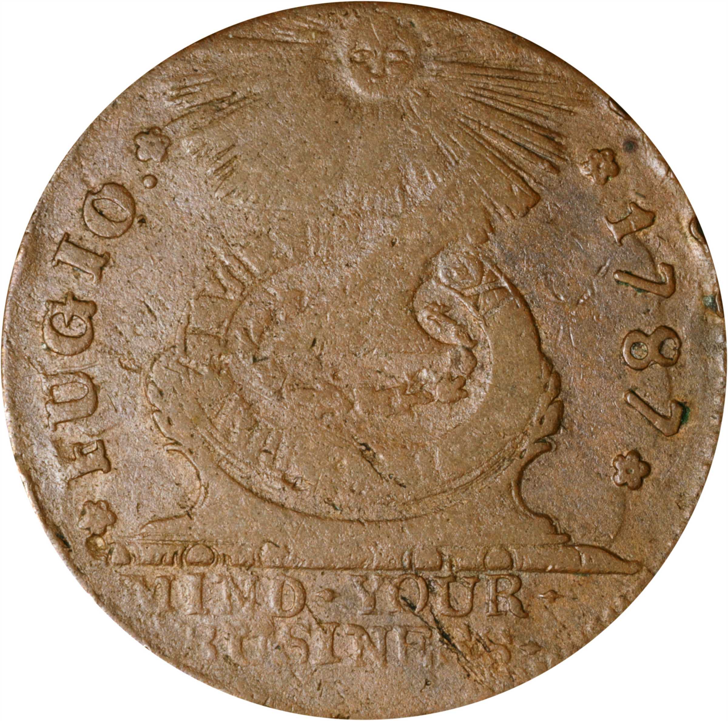 1787 Fugio Copper. Pointed Rays. Newman 13-R, W-6850. Rarity-4. STATES UNITED, 4 Cinquefoils. Very Fine.