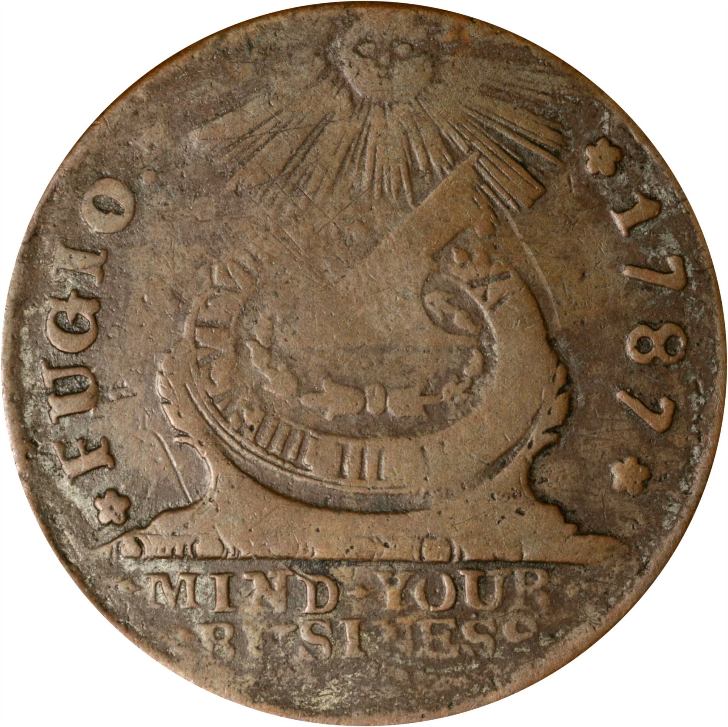 1787 Fugio Copper. Pointed Rays. Newman 16-N, W-6925. Rarity-3. STATES UNITED, 4 Cinquefoils. Fine.