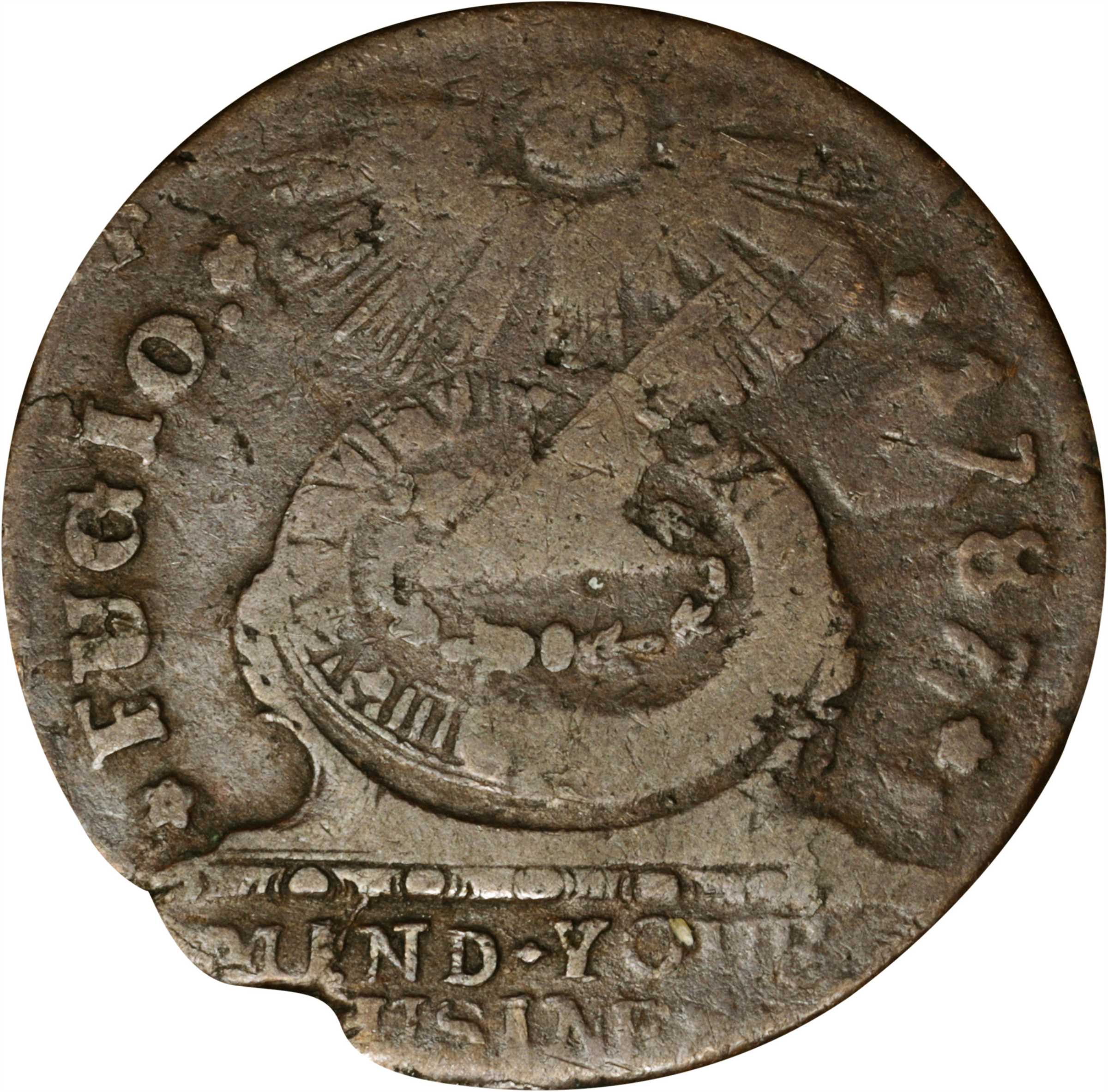 1787 Fugio Copper. Pointed Rays. Newman 18-H, W-6950. Rarity-5. UNITED STATES, 4 Cinquefoils. Fine.