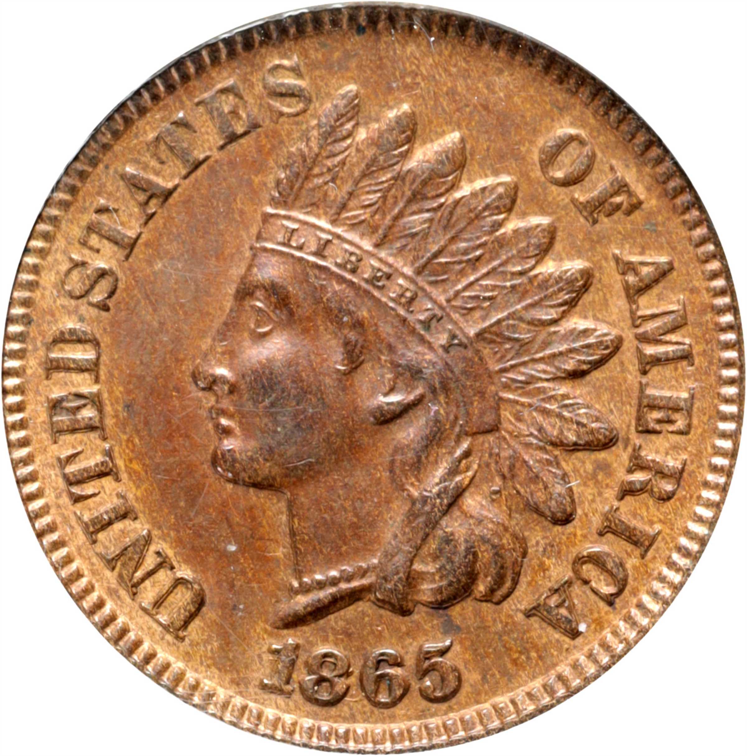 1865 Indian Cent. Plain 5. Snow-3, FS-303. Repunched Date. AU-58 (ANACS).