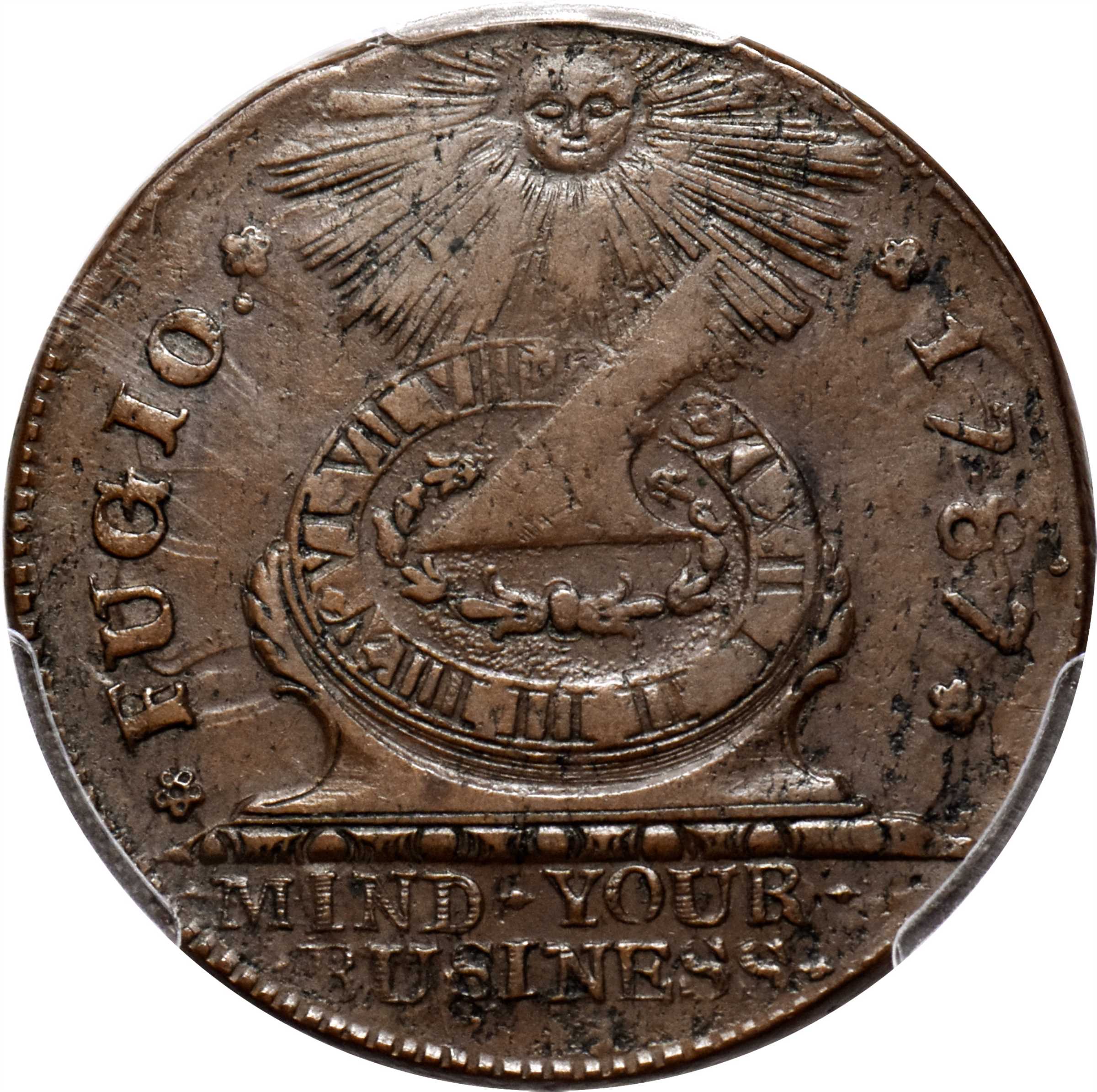 1787 Fugio Cent. Pointed Rays. Newman 13-R, W-6850. Rarity-4. STATES UNITED, 4 Cinquefoils. EF-40 (PCGS).