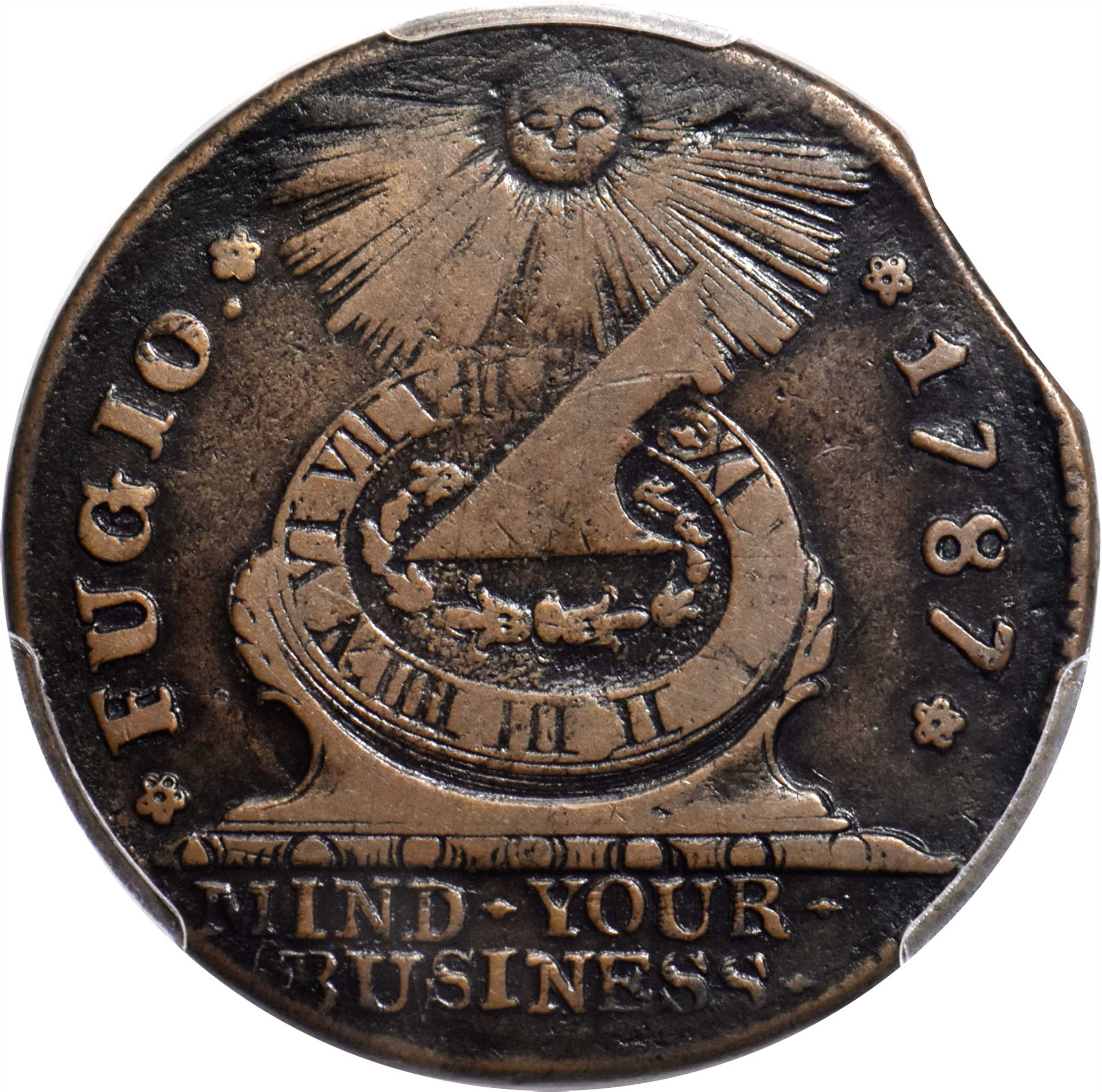 1787 Fugio Cent. Pointed Rays. Newman 13-R, W-6850. Rarity-4. STATES UNITED, 4 Cinquefoils. VF-20 (PCGS).