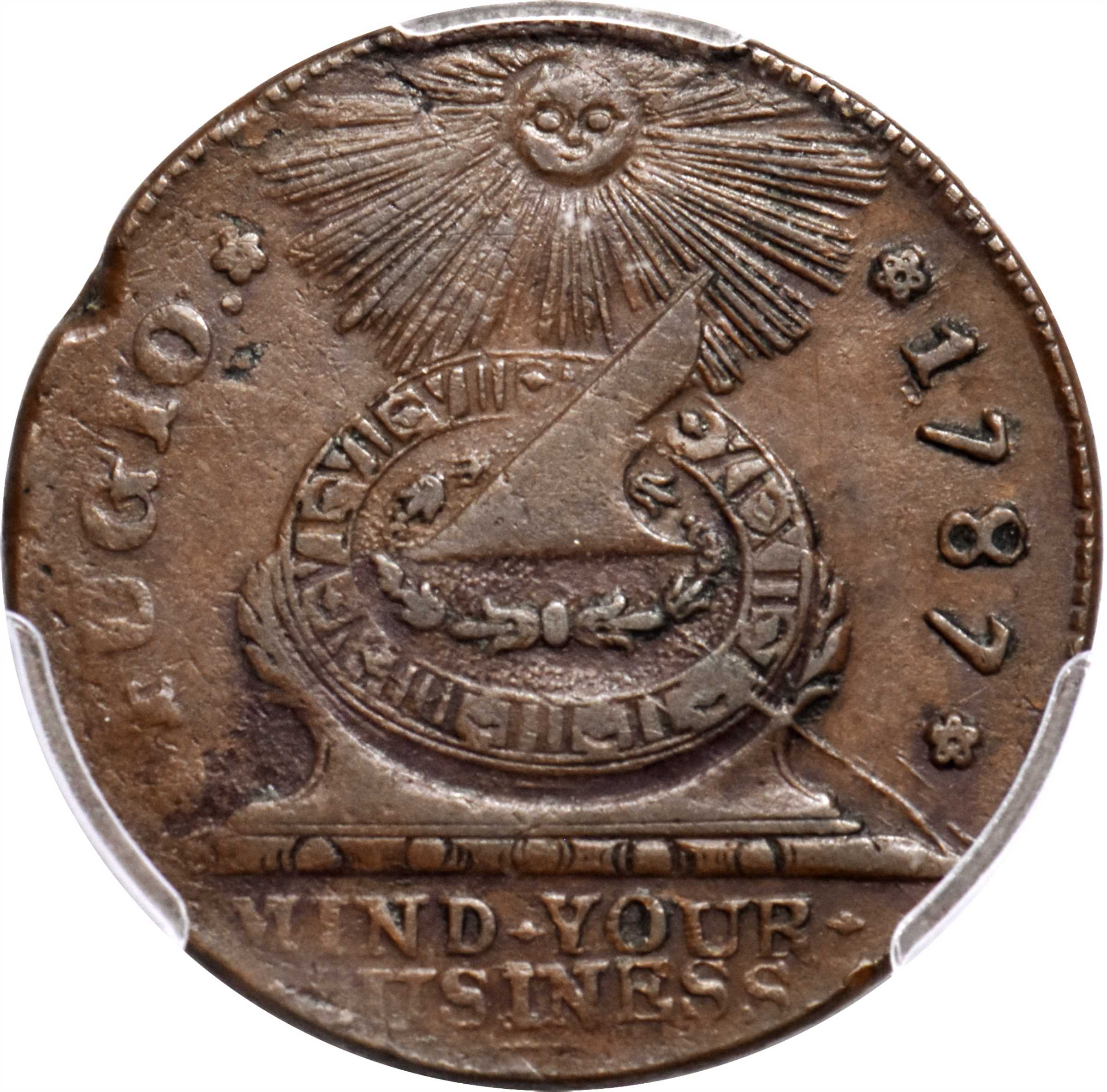 1787 Fugio Cent. Pointed Rays. Newman 15-Y, W-6915. Rarity-2. STATES UNITED, 4 Cinquefoils, 8-Pointed Stars on Label. EF-45 (PCGS).