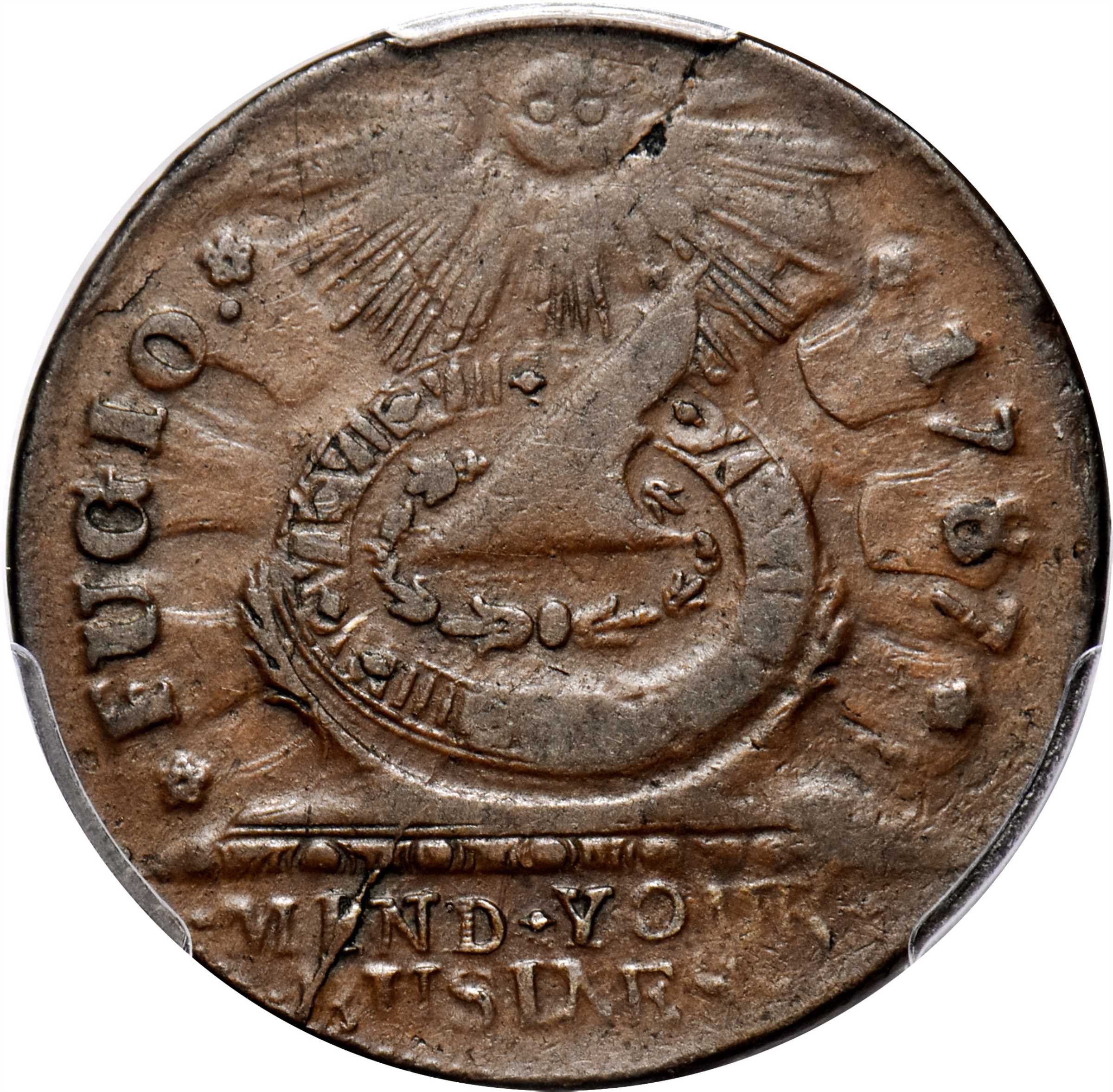 1787 Fugio Cent. Pointed Rays. Newman 18-H, W-6950. Rarity-4. UNITED STATES, 4 Cinquefoils. EF-40 (PCGS).