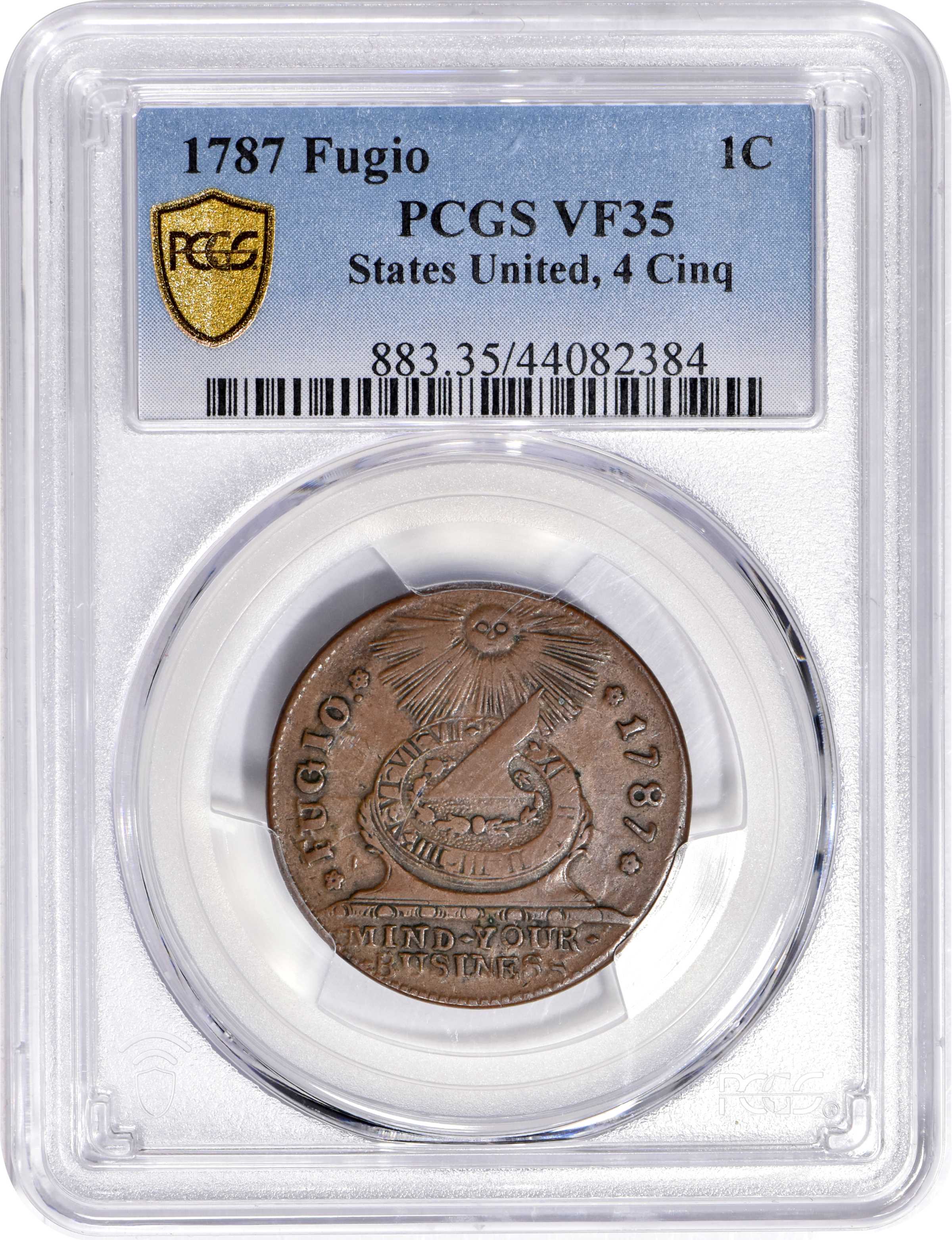 1787 Fugio 1c 4 Cinquefoils, STATES UNITED, Newman 18-U MS BN F15 BN CAC thumbnail 18
