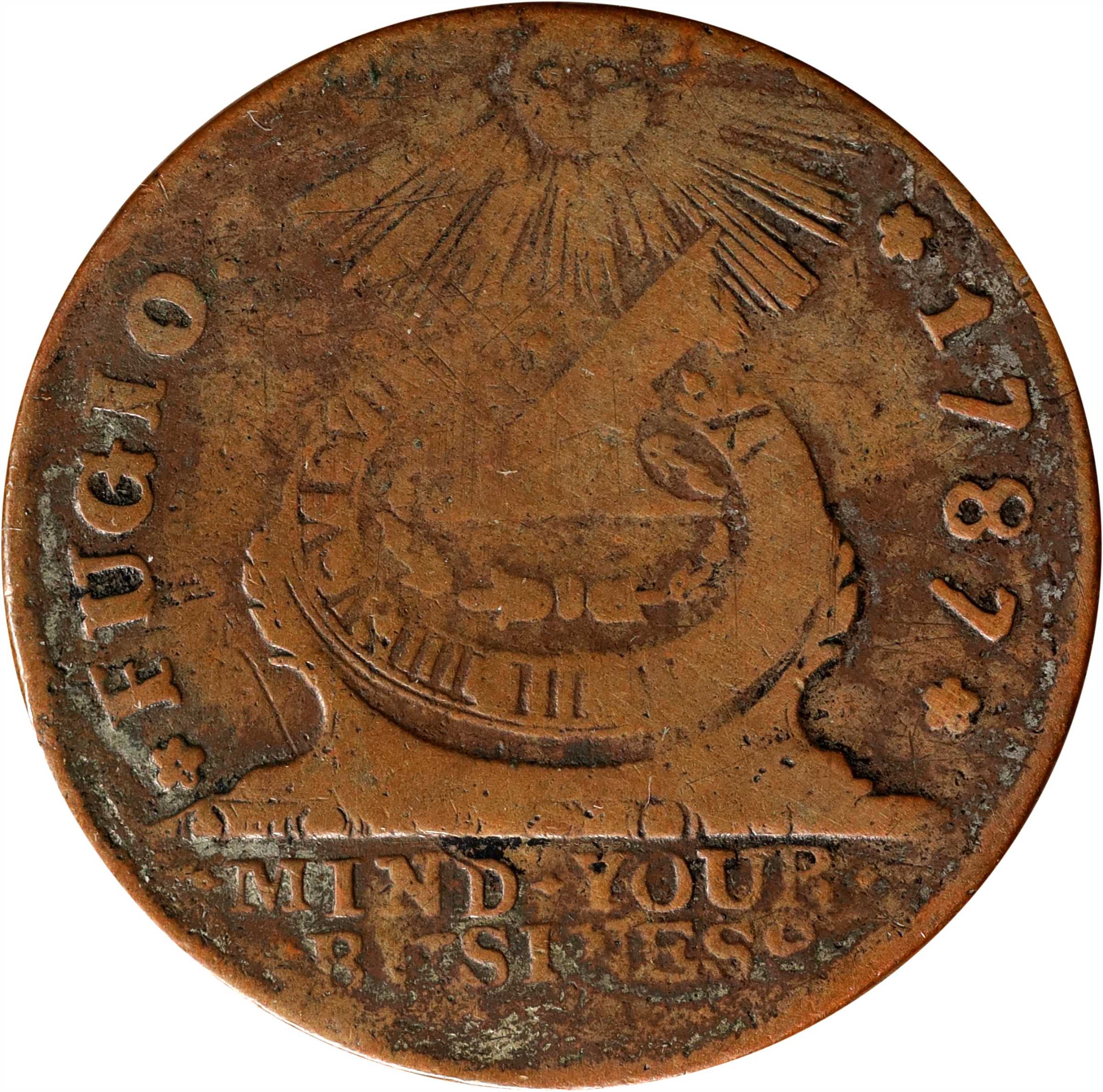 1787 Fugio Cent. Pointed Rays. Newman 16-N, W-6925. Rarity-3. STATES UNITED, 4 Cinquefoils. Fine.