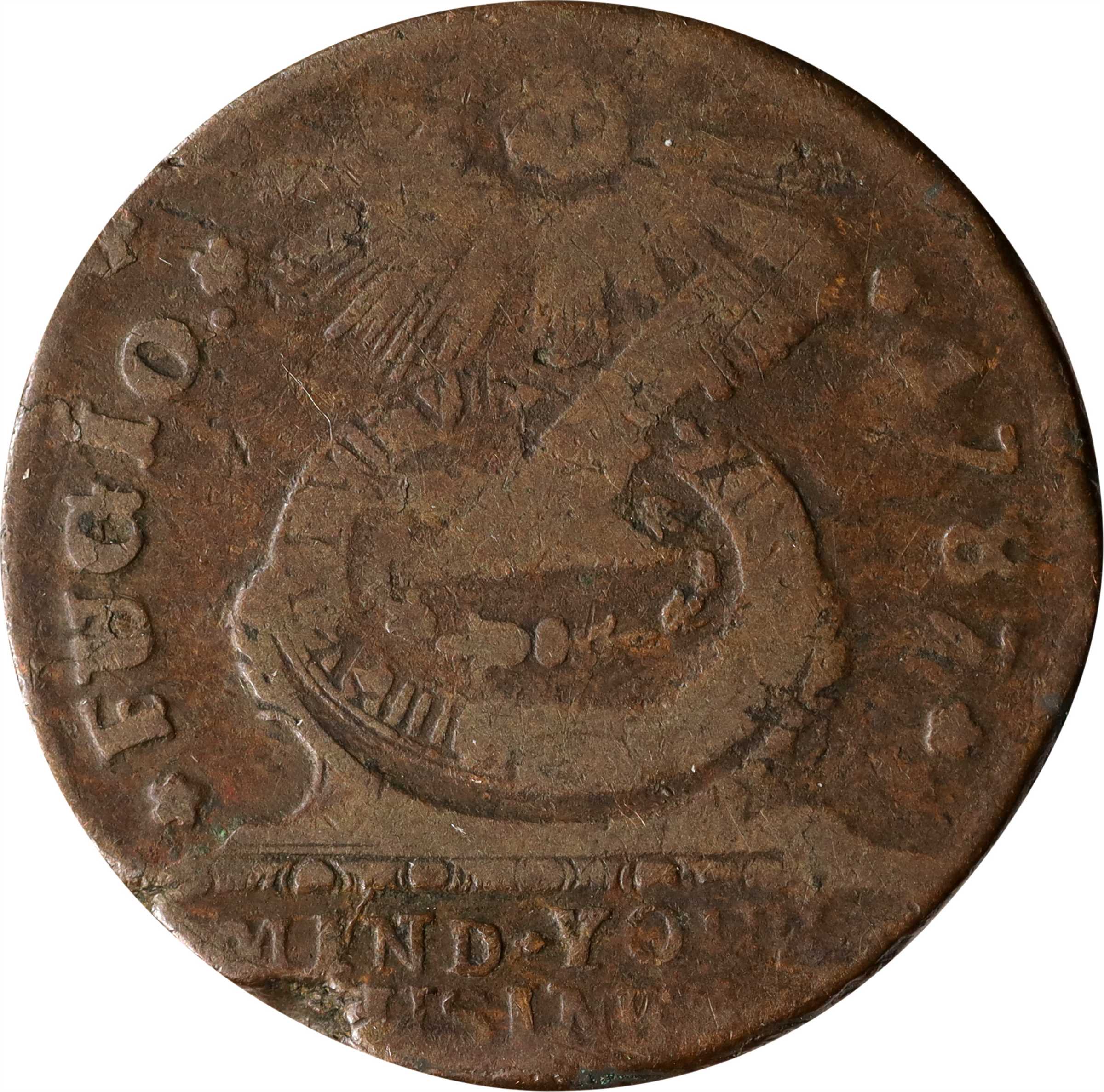 1787 Fugio Cent. Pointed Rays. Newman 18-H, W-6950. Rarity-5. UNITED STATES, 4 Cinquefoils. Fine.