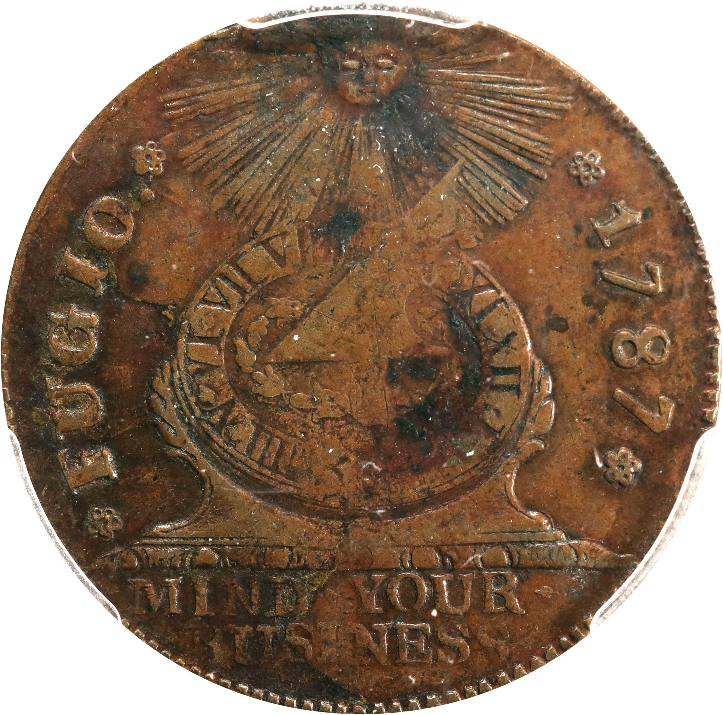 1787 Fugio Cent. Pointed Rays. Newman 13-R, W-6850. Rarity-4. STATES UNITED, 4 Cinquefoils. VF-35 (PCGS).