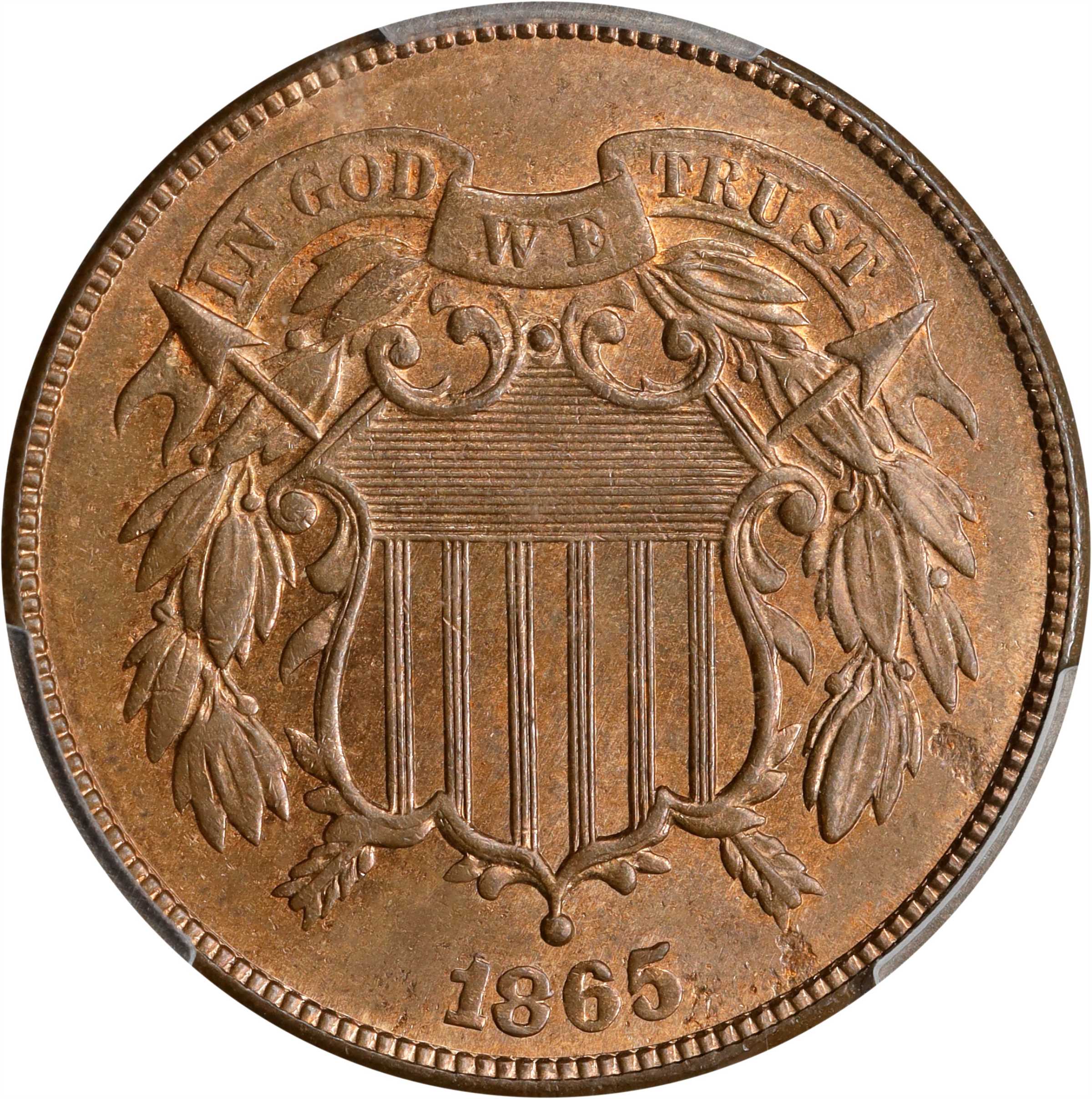 1865 Two-Cent Piece. Plain 5. MS-65 RB (PCGS). CAC.