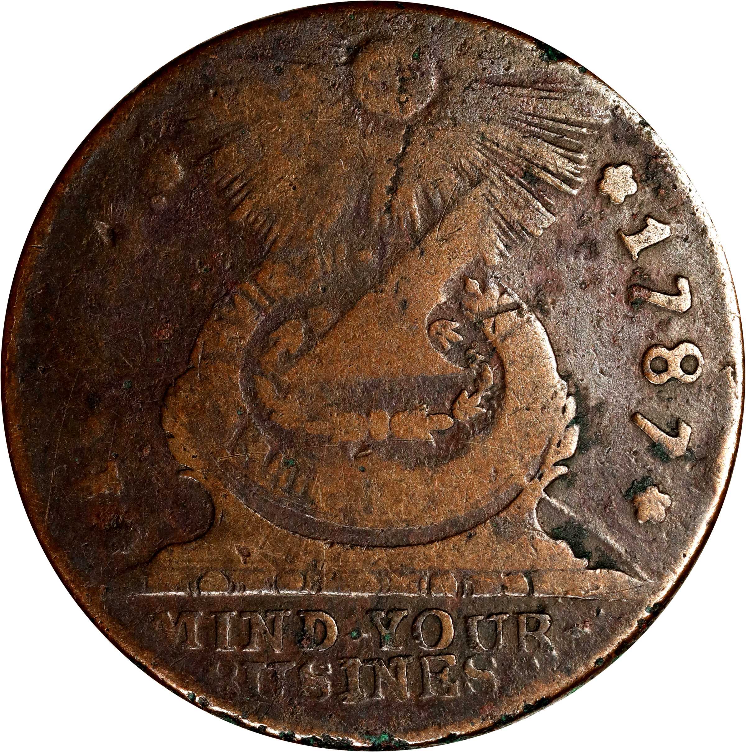 1787 Fugio Cent. Pointed Rays. Newman 15-Y, W-6915. Rarity-2. STATES UNITED, 4 Cinquefoils, 8-Pointed Stars on Label. Very Good, Corrosion.