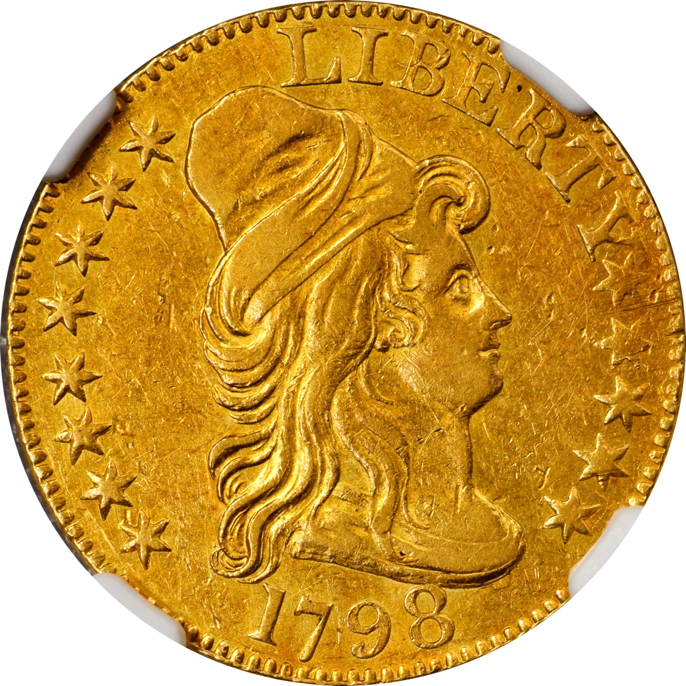 1798 Capped Bust Right Half Eagle. Heraldic Eagle. BD-3. Rarity-5. Large 8, 14-Star Reverse. AU-53 (NGC).