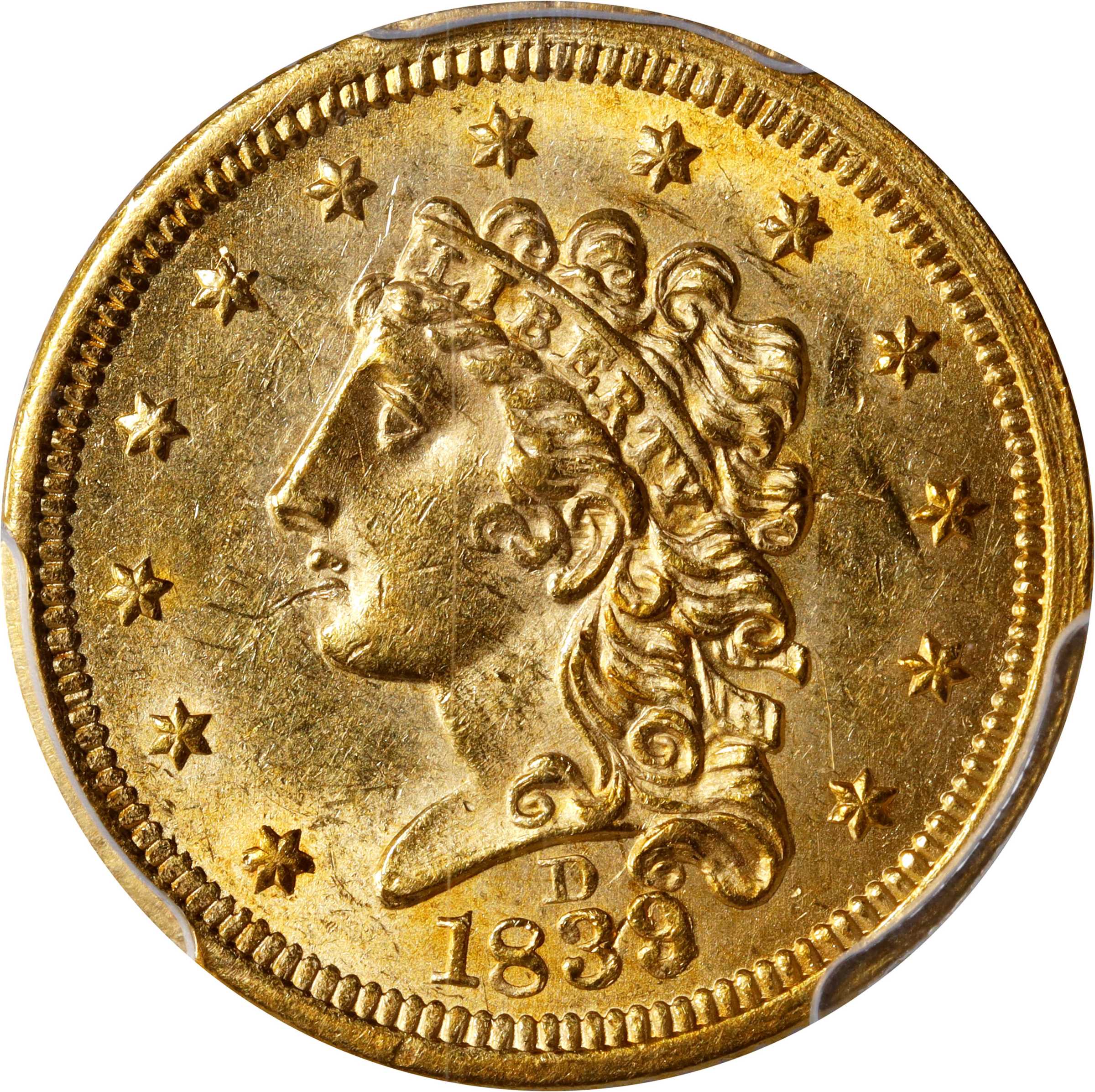 1839-D Classic Head Quarter Eagle. HM-2, Winter 1-A. Rarity-4. Weak Branch, No Berry. MS-62 (PCGS).