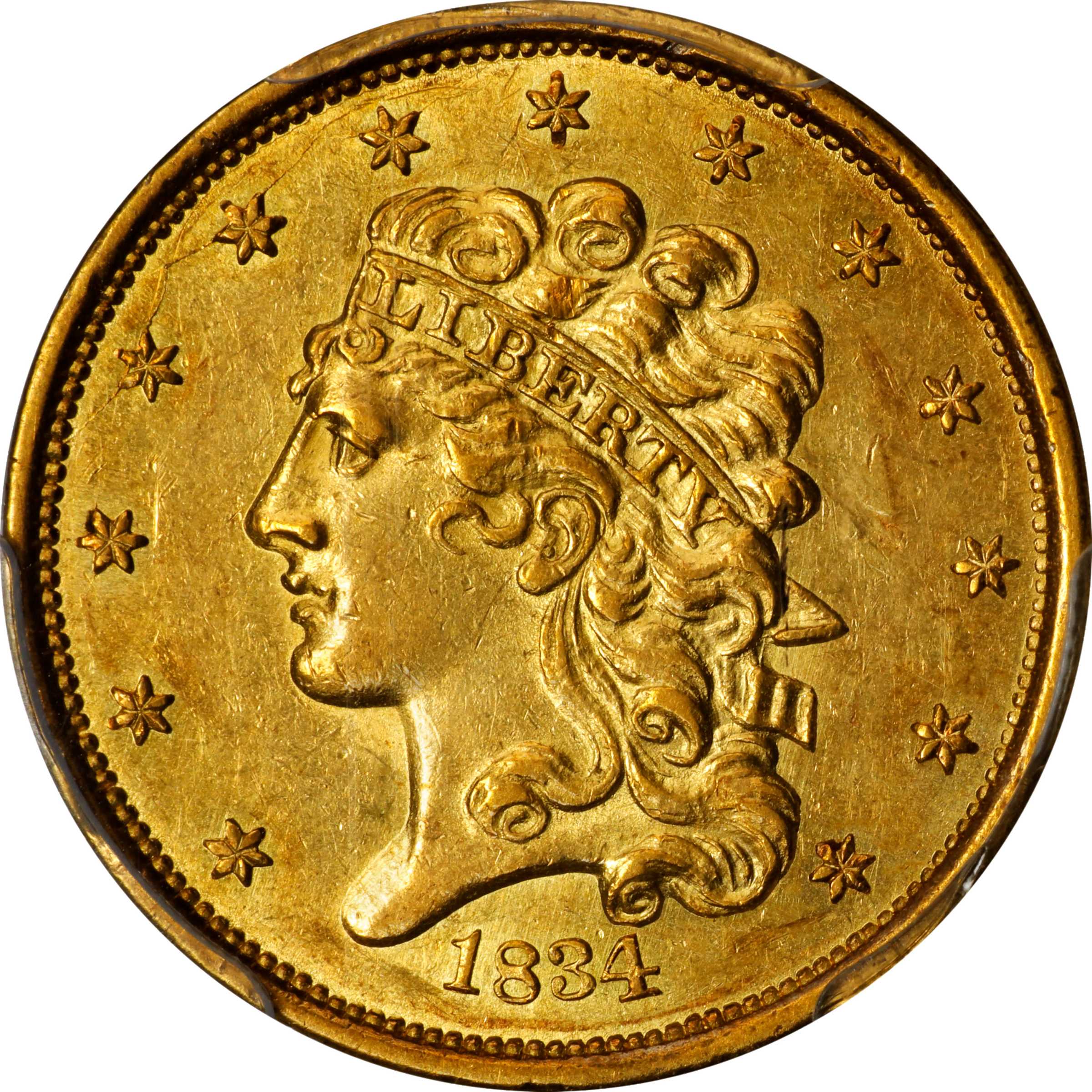 1834 Classic Head Half Eagle. HM-1. Rarity-3. Plain 4. AU-58 (PCGS). CAC.